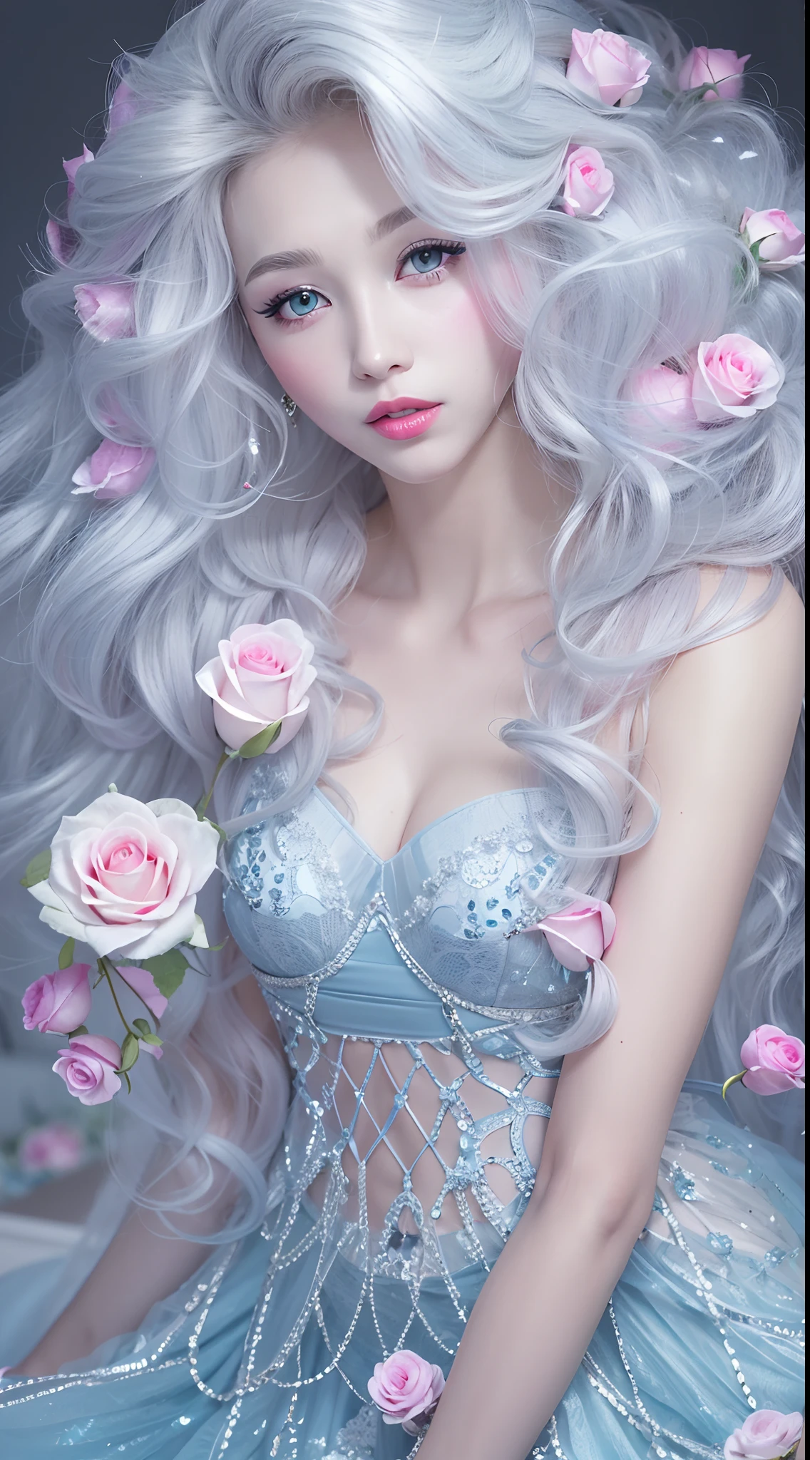 Long silver-blue wavy hair,(blue color eyes,Reflective eyeballs),Pink Lips,Charming smile,(The long transparent dress is covered with roses),Fair skin,