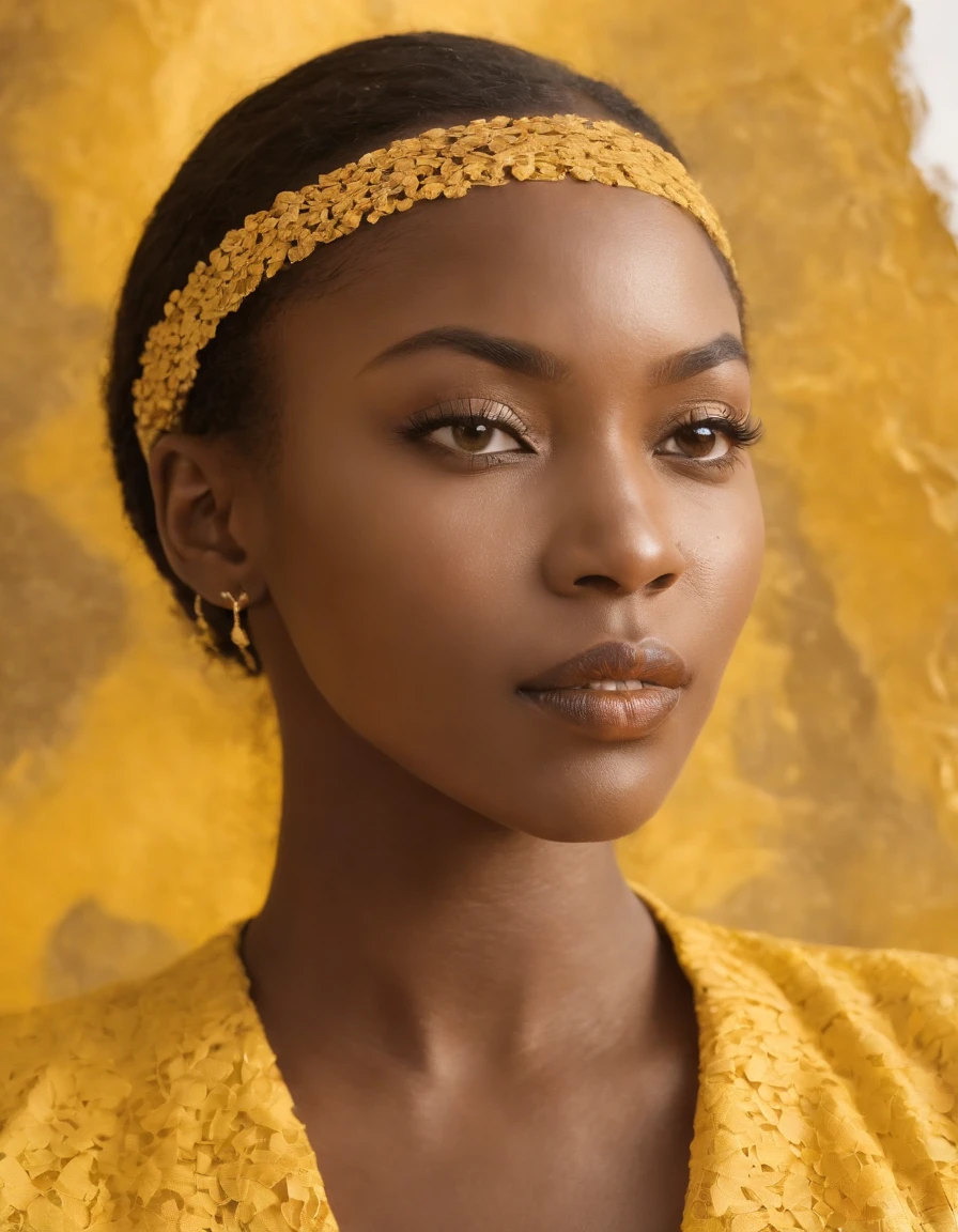a collage image made from recycled paper shows a woman in yellow, in the style of art of the ivory coast, cracked, deconstructed pop, strong contrast, chiaroscuro, split toning, kinuko y. craft, digitally enhanced