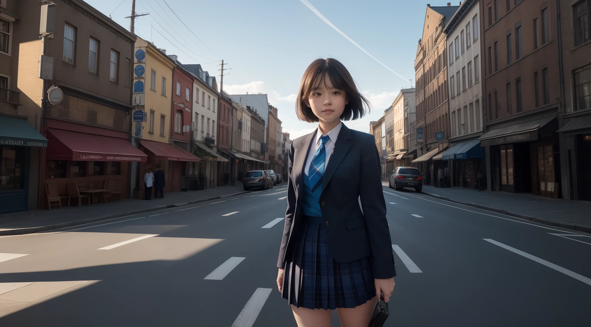(Like lomography), Wide left margin, (Formal jacket dark blue), The theme color is blue, masutepiece, Super Detail, High quality, awardwinning, 8K, (girl), Solo, Smiling, High School Uniform, White shirt, Short tie, Short pleated skirt is plaid, Half body shot, Shooting from the front, Detailed fingers, In a port city, In Europe, in a sunny day, Summer scenery, romantic, Cinematic Light, vignetted