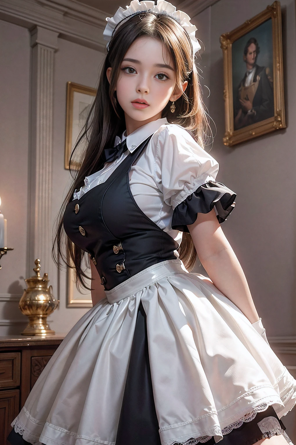 ( highest quality、8K、masterpiece、realistic:1.3 )、 1 woman、( A garden with a classical and prestigious castle in the background )、( Very high quality deep background : 1.2)、nature bright sunlight、blue sky、smile、Brown hair tied into twin tails、beautiful woman with perfect figure: 1.4、Highly detailed face and skin texture、detailed eyes、double eyelid、very far away : 1.2 、I can see the whole body、white and black maid、White maid headband、ruffle blouse、ruffle mini skirt、ribbon tie、apron、high heels 、Show off your cleavage、