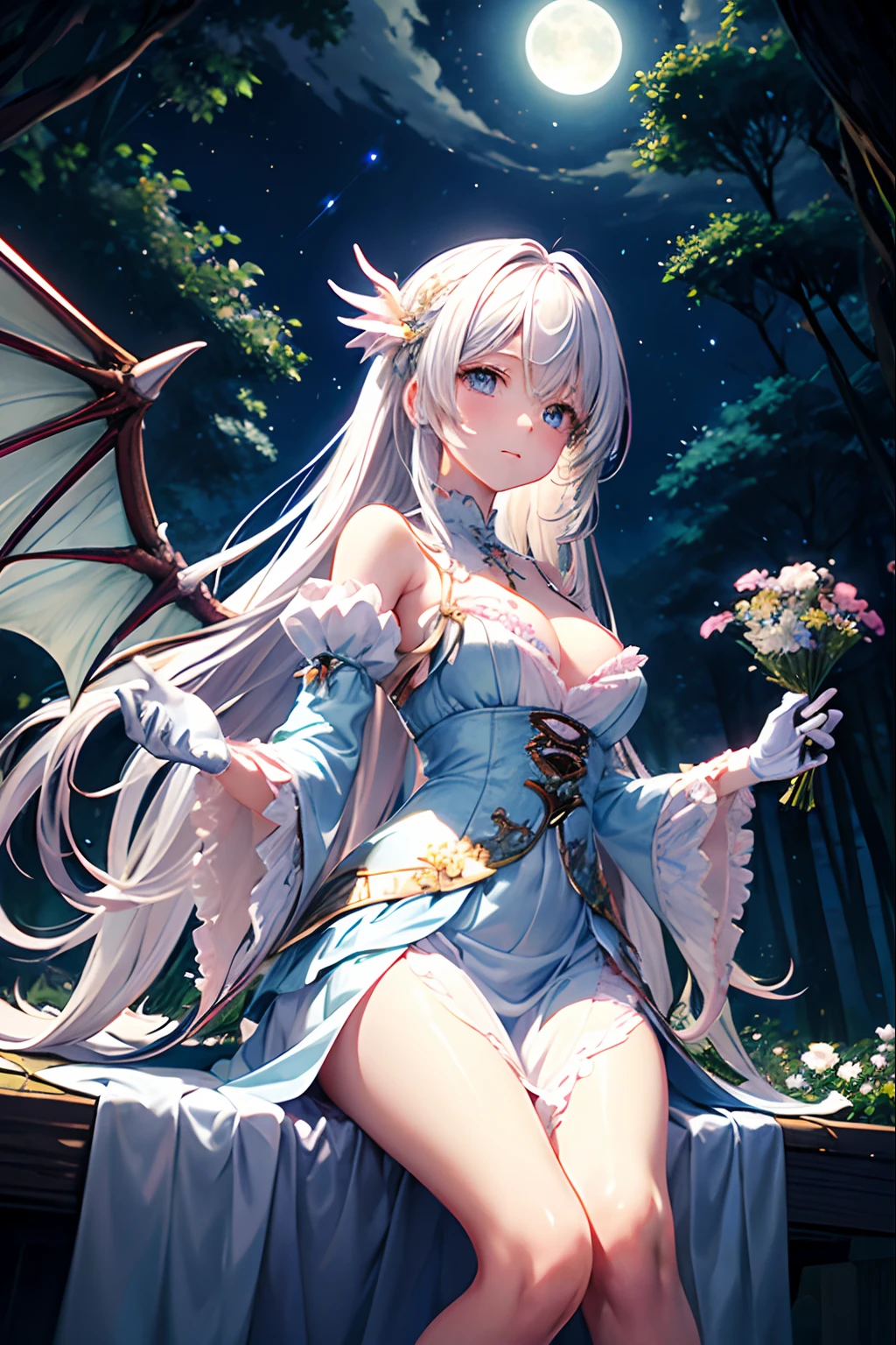 (masterpiece, best quality:1.2), 1girl, solo, cute, kawaii, digital art, white hair, long hair, pink under her hair, big bust, finely detailed eyes, bright light blue eyes, embarrassed expression, sweet, frilly dress, pink and light blue color scheme, high heels, white gloves, dragon, forest, wings, scales, spiky tail, trees, moonlight filteringv through leaves, flowers, night clouds, starry sky, half body