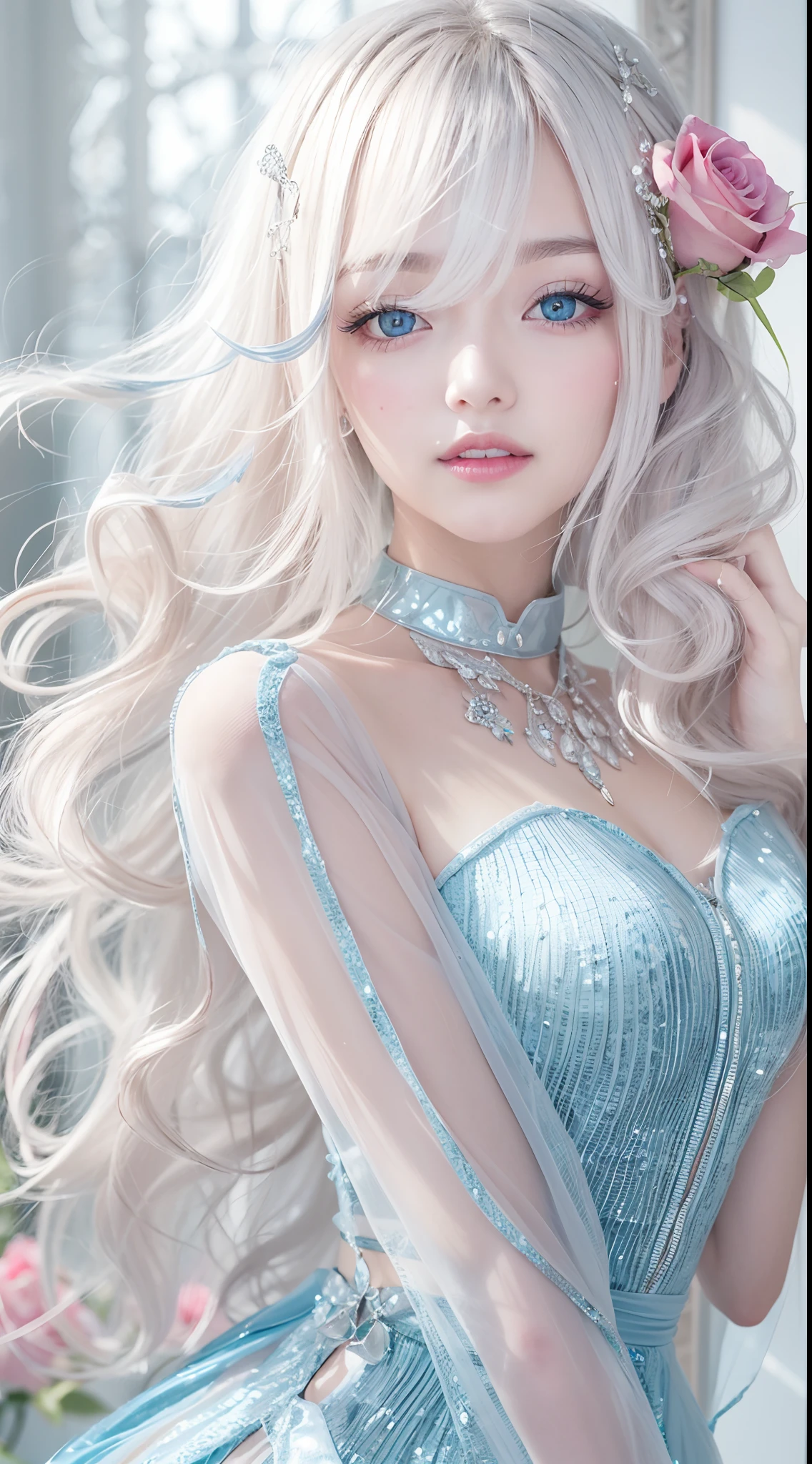 Long silver-blue wavy hair,(blue color eyes,Reflective eyeballs),Pink Lips,Charming smile,(The long transparent dress is covered with roses),Fair skin,