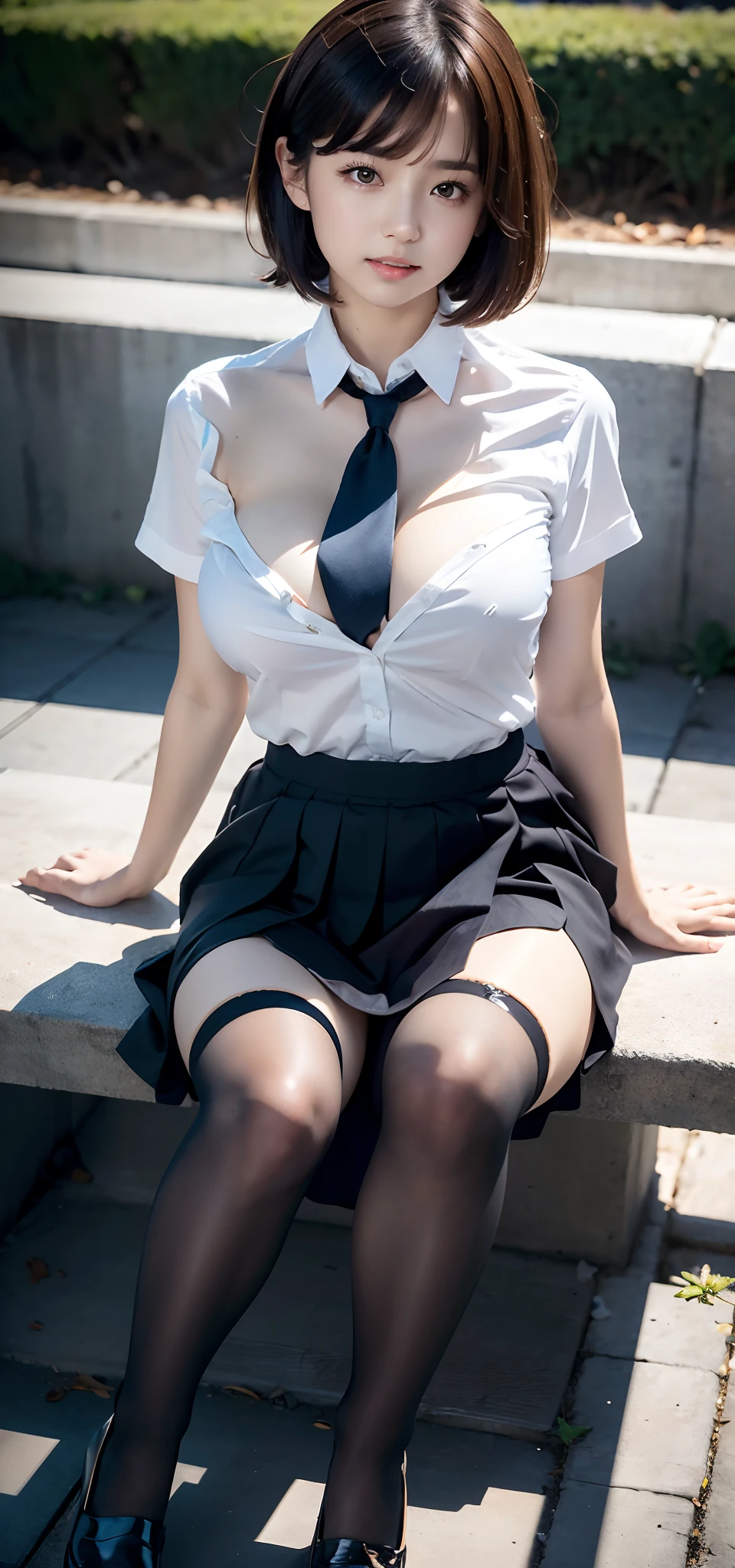 (8K、top-quality、tmasterpiece:1.2)、(reallistic、Photorealsitic:1.2)、 Very cute girl、ars、Sit on the、(((pantyshot)))、(((Spread your legs apart)))、独奏、‎Classroom、watching at viewers、(Sit up:1.5)、in a school、Chest that looks like it's going to burst、Fine and beautiful eyes、)、(dark gold hair:1)、(short-hair:1.1)、pantyshot, Spread your legs apart, skirt by the, Student clothes, white  panties, sockes, brunette color hair, The shirt, bblurry, blurred back, kneehigh, white  shirt, low tune, true to life, long whitr hair, Carnal lips, with brown eye, Black socks, Neck tie, pleatedskirt, the bow, head rest, side looking, En plein air, brownfootwear, tmasterpiece, top-quality, ultra - detailed、Bare breasts，Bare lower body，standing on your feet、Seductive eye、