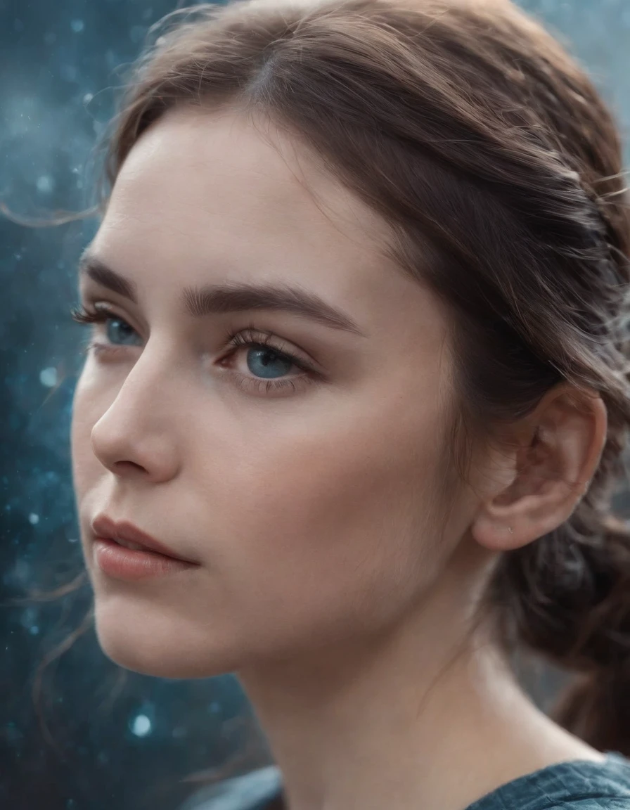 an image of a girl with lines on her ears, in the style of collage-like pieces, dark sky-blue and light gray, psychological phenomena illustrations, organized chaos