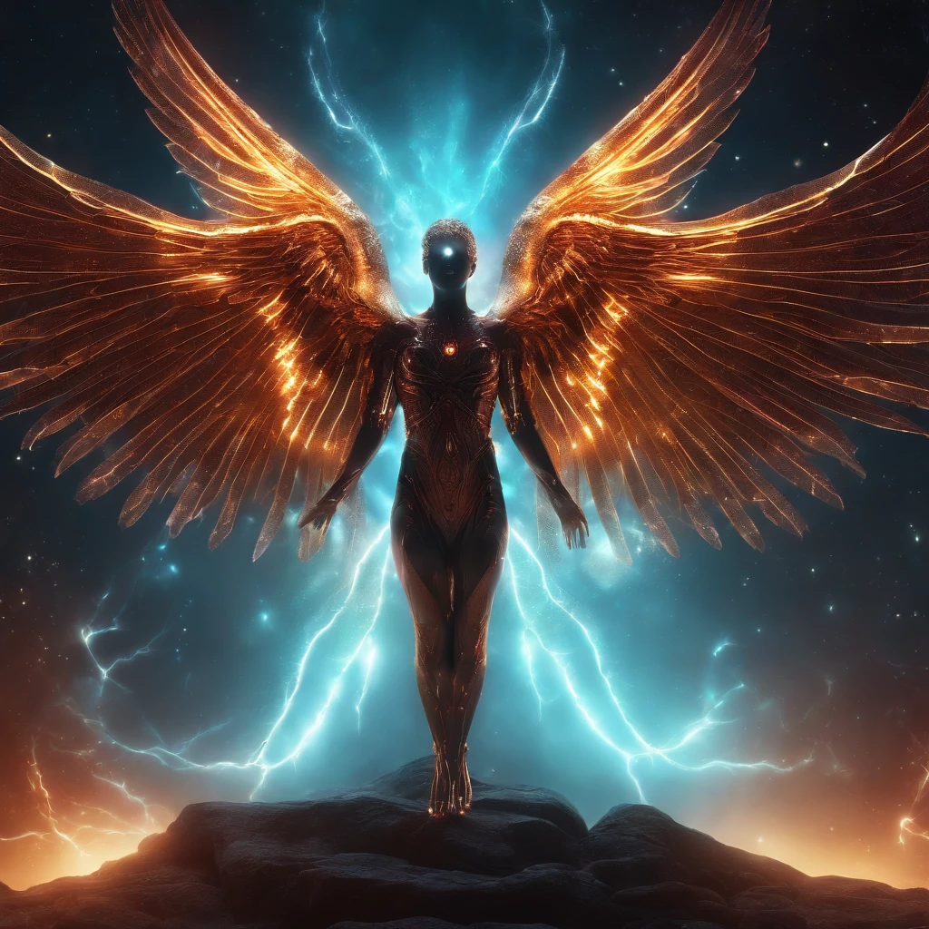 Cosmic Fallen Angel, glowing light eyes, Biomechanical, eerie, 4k, nightmarish, Very bright colors, Light particles, with light glowing, Mshiff, wallpaper art, UHD wallpaper, realistic art, shinig wings