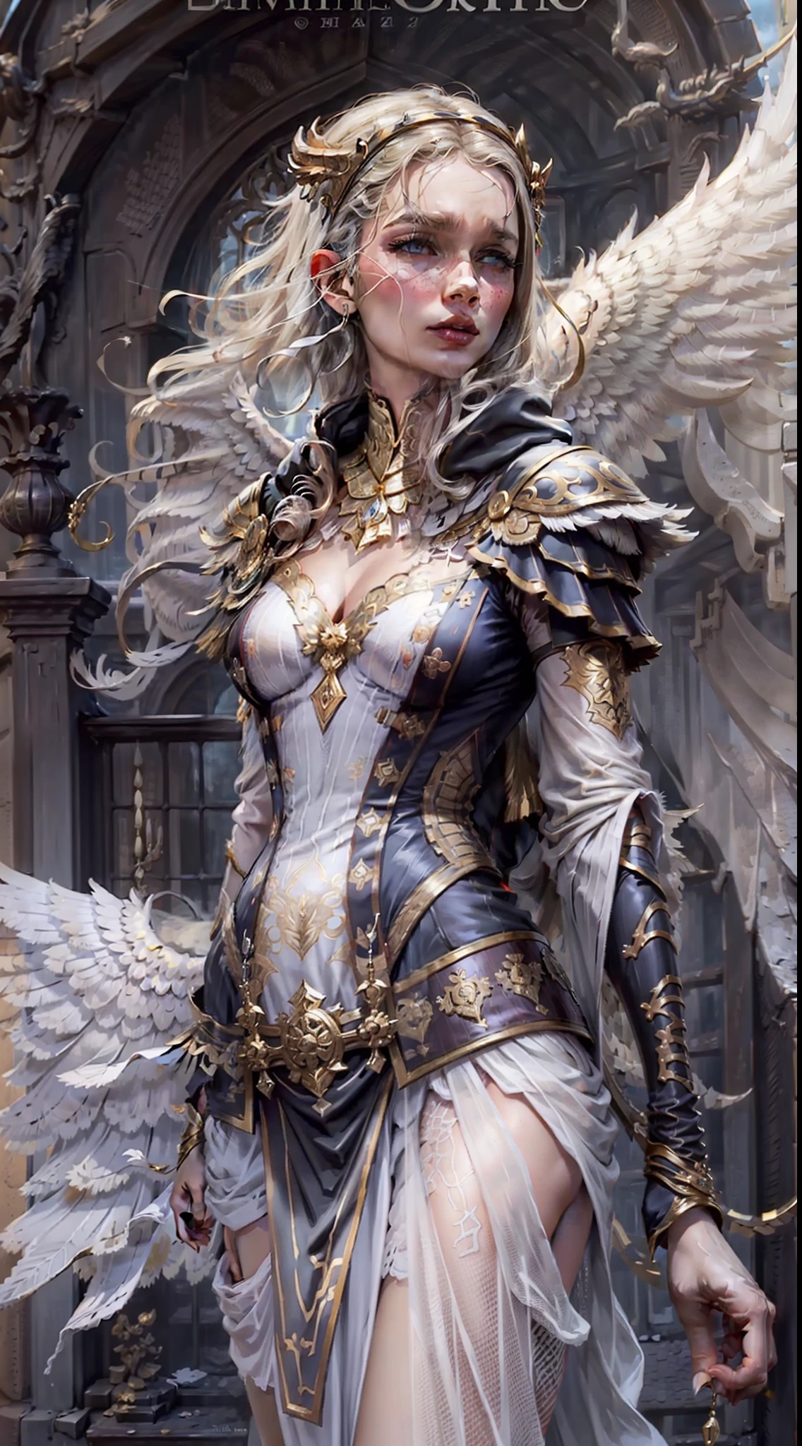 Jessica Green Gesicht, winged, Engel, ((Full-body CGInft)), Extrem detailliertes 8k-Hintergrundbild, kompliziert, detailreich, dramatisch, episch, Blondes helles Haar, the winged Albin queen wears very detailed shoulder pads made of black steel, which are modeled on the heads of dragons and are decorated with distinctive shimmering silver decorations and ornaments, a dark gray cape with velvet blue lining and a large hood, die tief in die anmutige, finsteres Gesicht, nur die Blauen Augen leuchten unter der Kapuze hervor, Es hat ein extrem detailliertes Grau/white feathered angel wings on the back, Rahmung sie schimmernd und anmutig , wahnsinnig realistischen Grafiken, wahnsinnig detaillierten Details, Ultrarealistisches und sehr detailliertes schwarzes, langes, figure-hugging royal dress, das bis zum Boden reicht, the long sleeves are decorated with shiny silver embellishments and pronounced gold embroidery and white lace on the hem and neckline of the dress, Extrem detaillierte, schwere schwarze Lederstiefel mit markanten silber schimmernden Verzierungen und Verzierungen, das Licht wird von den Verzierungen reflektiert, sie geht anmutig den Gang des Schlosses entlang, during the leisurely walk through the gloomy cathedral, Lichtkegel scheinen durch die hohen Fenster des Doms, auf ihrem Kleid, a blue rose blossom protrudes from her chest,