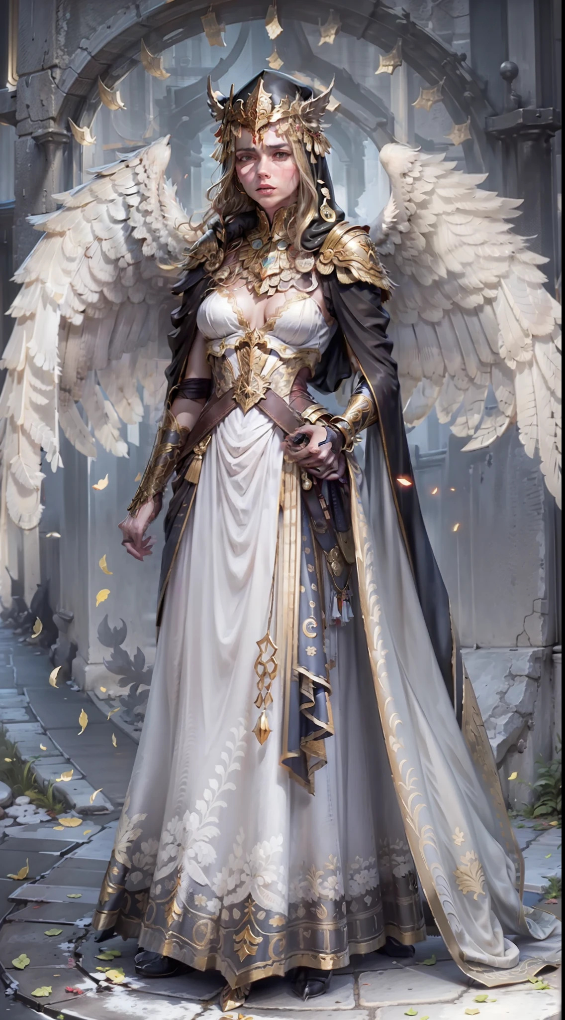 Jessica Green Gesicht, winged, Engel, ((Full-body CGInft)), Extrem detailliertes 8k-Hintergrundbild, kompliziert, detailreich, dramatisch, episch, Blondes helles Haar, the winged Albin queen wears very detailed shoulder pads made of black steel, which are modeled on the heads of dragons and are decorated with distinctive shimmering silver decorations and ornaments, a dark gray cape with velvet blue lining and a large hood, die tief in die anmutige, finsteres Gesicht, nur die Blauen Augen leuchten unter der Kapuze hervor, Es hat ein extrem detailliertes Grau/white feathered angel wings on the back, Rahmung sie schimmernd und anmutig , wahnsinnig realistischen Grafiken, wahnsinnig detaillierten Details, Ultrarealistisches und sehr detailliertes schwarzes, langes, figure-hugging royal dress, das bis zum Boden reicht, the long sleeves are decorated with shiny silver embellishments and pronounced gold embroidery and white lace on the hem and neckline of the dress, Extrem detaillierte, schwere schwarze Lederstiefel mit markanten silber schimmernden Verzierungen und Verzierungen, das Licht wird von den Verzierungen reflektiert, sie geht anmutig den Gang des Schlosses entlang, during the leisurely walk through the gloomy cathedral, Lichtkegel scheinen durch die hohen Fenster des Doms, auf ihrem Kleid, a blue rose blossom protrudes from her chest,