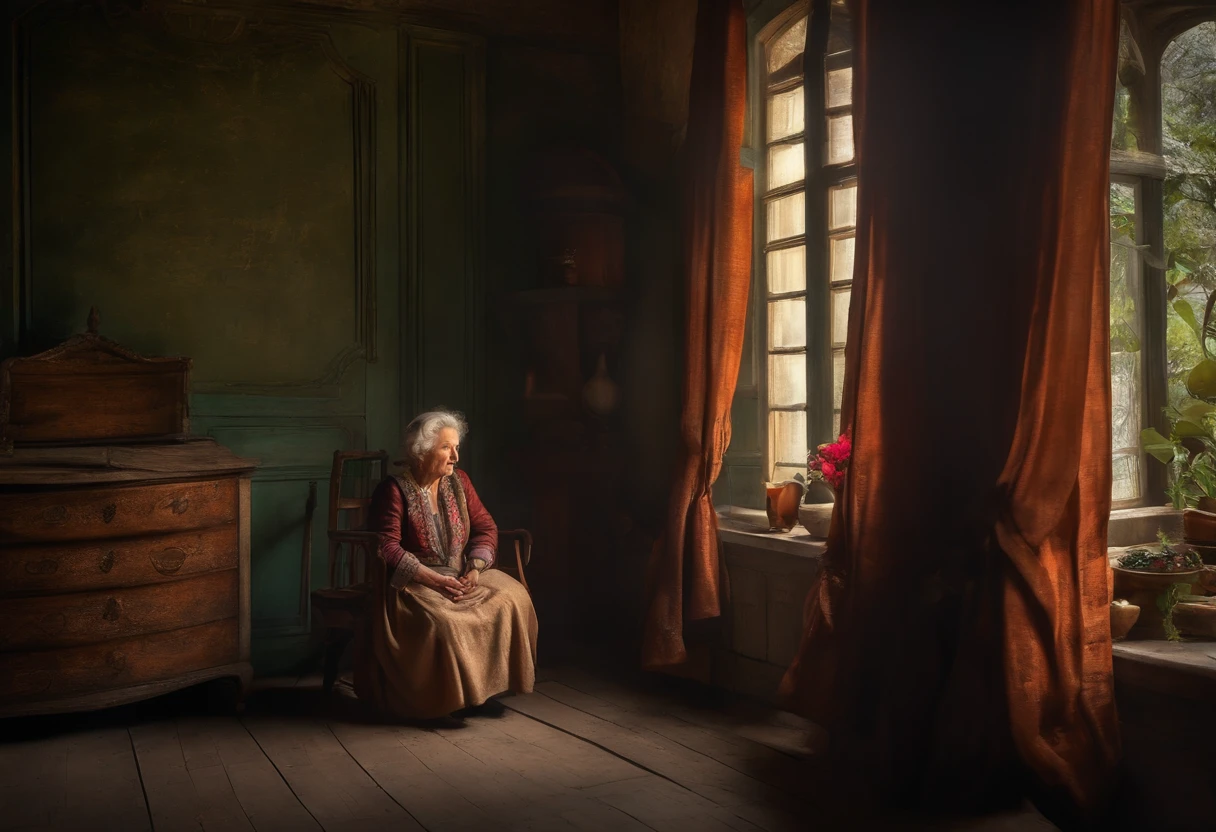 A poor old woman in a shabby old house., 18th century art,