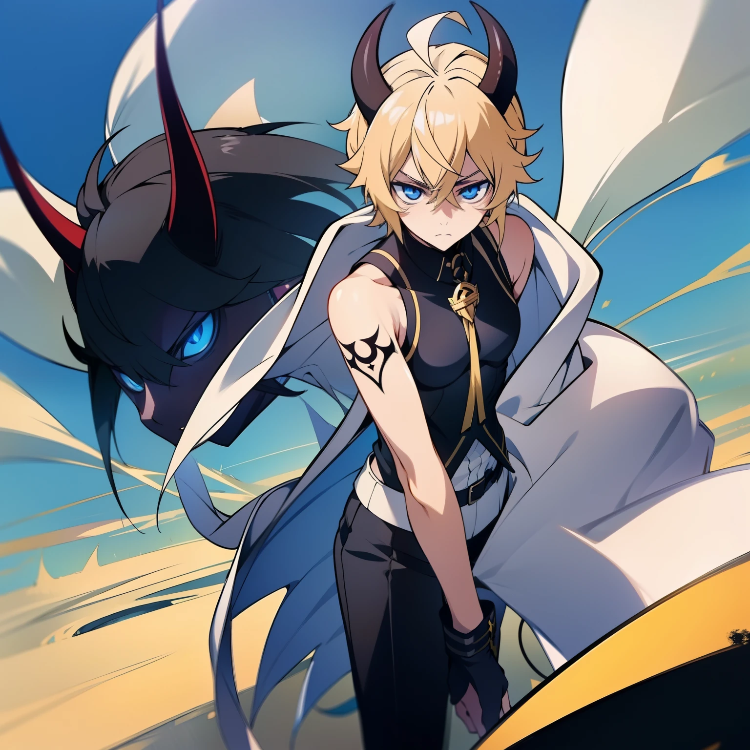 (Masterpiece), Best Quality, expressive eyes, a perfect face, 1boy, 独奏, Demon, Horns, horns demon, horns on head, Triangular horns, pointed ears, cat tail, blue eyes, serious face, Emotionless face, trench coat, White trench coat, black trench coat on top, black tank top, sleeveless T-shirt, Cut out the breasts, Small tattoo on the right arm, Black pants, Black Boots, partially fingerless gloves, holding sword, Blue Sword,The sky in the background, Clouds, Mikaela Hyakuya