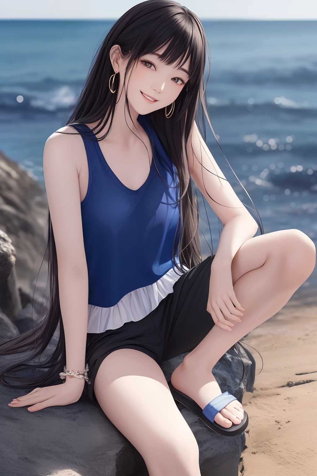 FULL BODYSHOT、an oil painting、​masterpiece、top-quality、hight resolution、Dark hair、Super long hair、kindly smile、Blue shirt、sleeveless clothes、Black ankle pants、Cute sandals、Sweaty skin、shores、The seaside looks fun、blue-sky、lightly dressed、Ring on the ring finger of the left hand