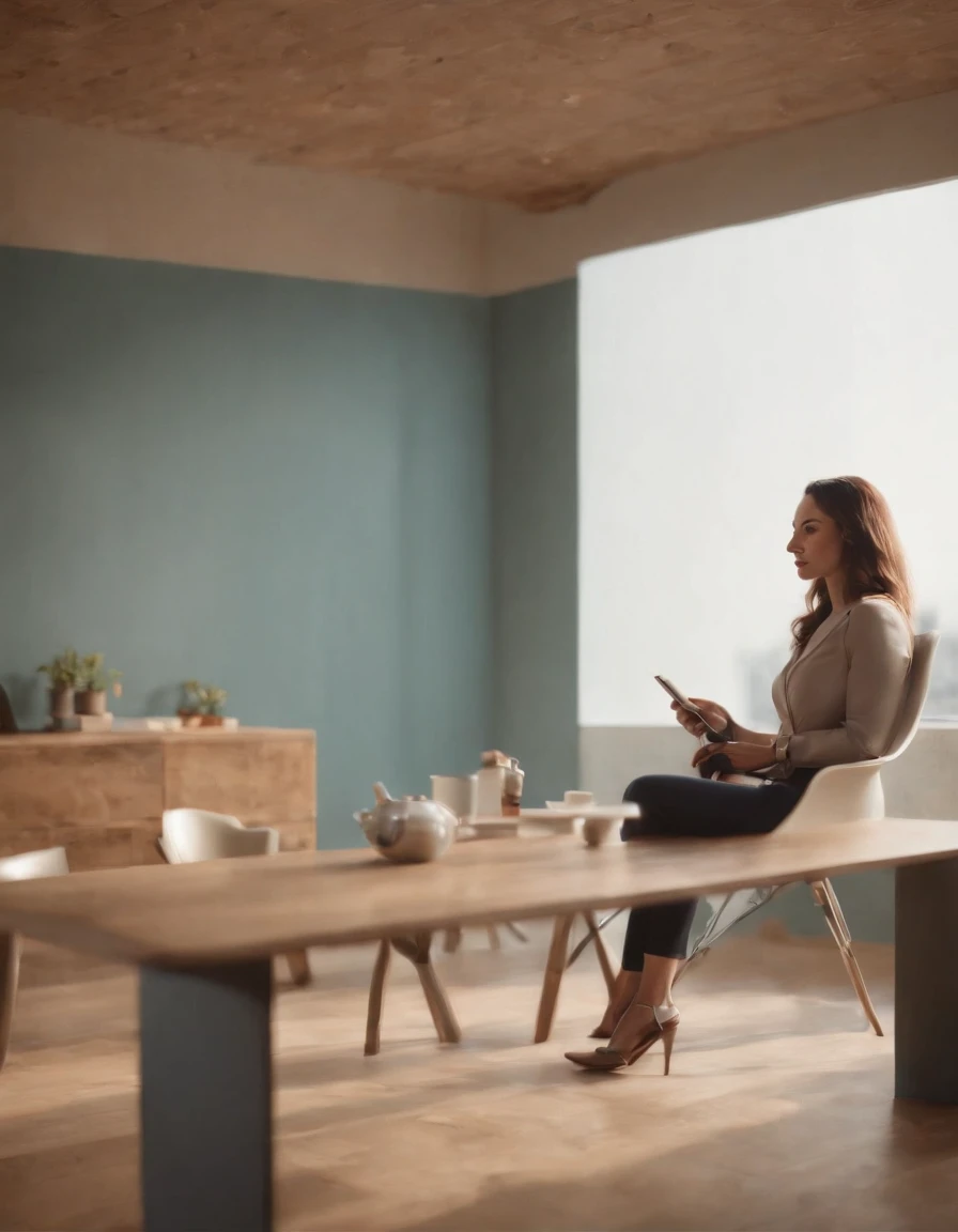 an icon for a woman and her business to do her work, in the style of forced perspective drawings, colorful animation stills, muted and subtle tones, sketchfab, dusty piles, cad (computer aided design), full body