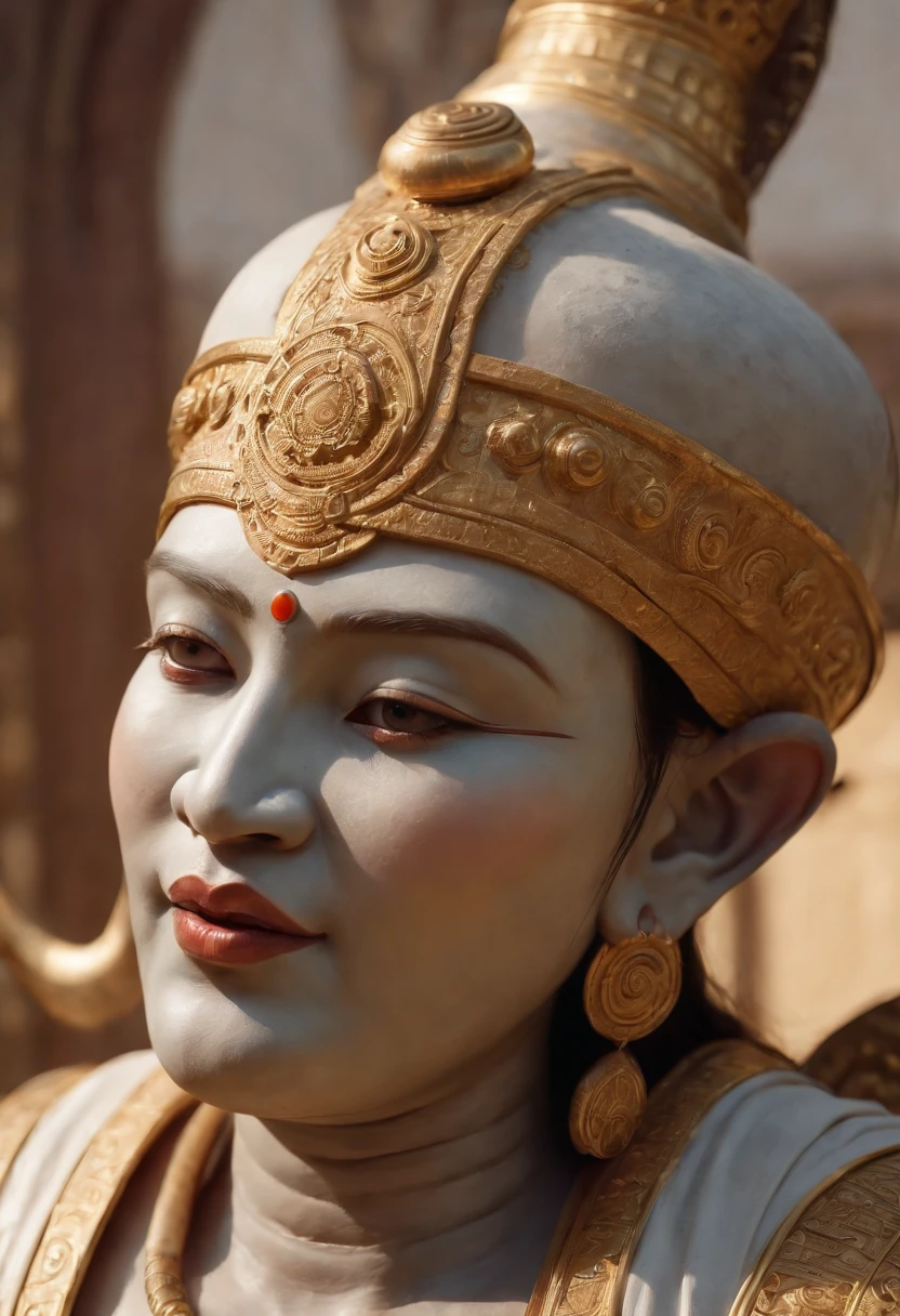 Create a stunning ultra-realistic portrait of a "(((Ancient Myanmar God)))" fantasy character in the art nouveau style. Pay meticulous attention to intricate details and draw inspiration from the fifth element artifacts. Incorporate references from artists such as Peter Mohrbacher, Hajime Sorayama, Wayne Barlowe, Boris Vallejo, Aaron Horkey, Gaston Bussiere, Craig Mullins, and Alphonse Mucha to bring depth and character to the artwork. Enhance the composition with arty nouveau curves and spirals for an added touch of elegance and complexity.