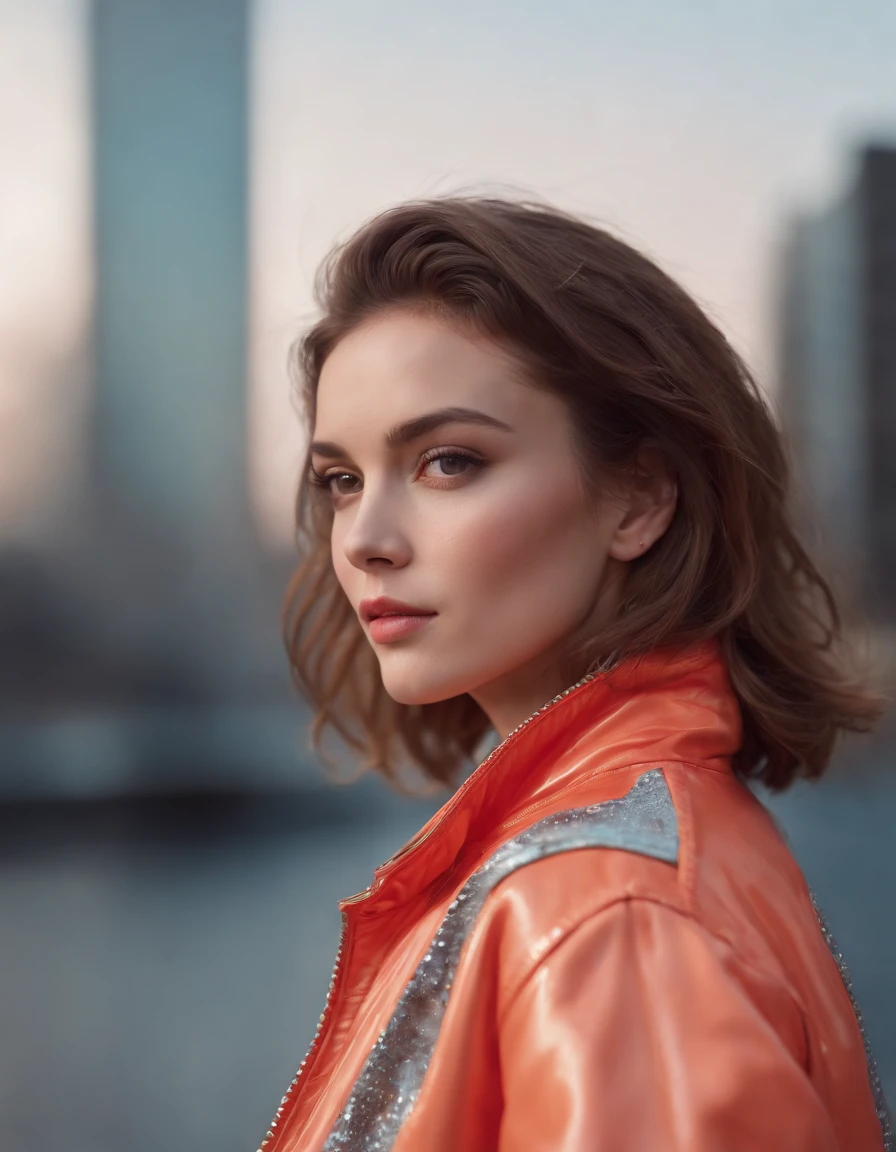 An 80s style female in a jacket, in the style of cartoon abstraction, webcam, crisp neo - pop illustrations, chillwave, youthful, contest winner, dynamic color contrasts