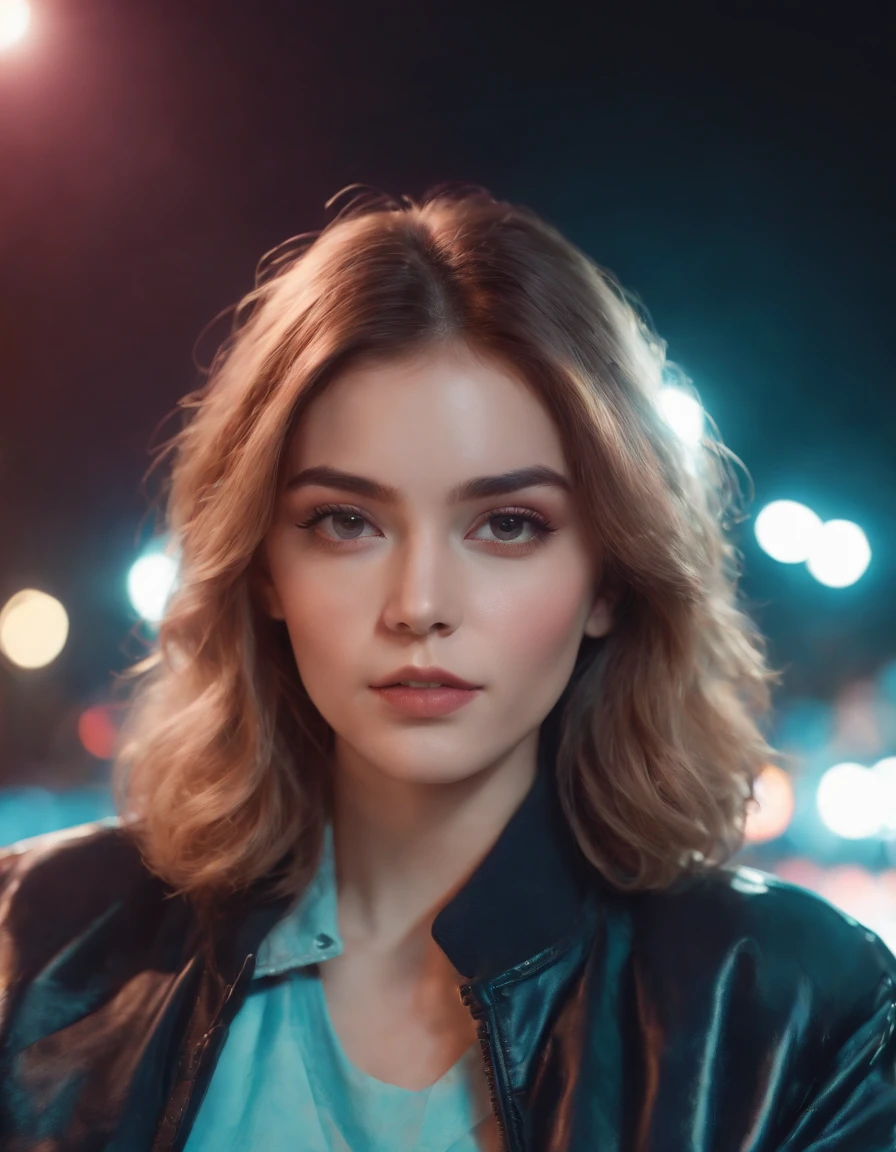 An 80s style female in a jacket, in the style of cartoon abstraction, webcam, crisp neo - pop illustrations, chillwave, youthful, contest winner, dynamic color contrasts