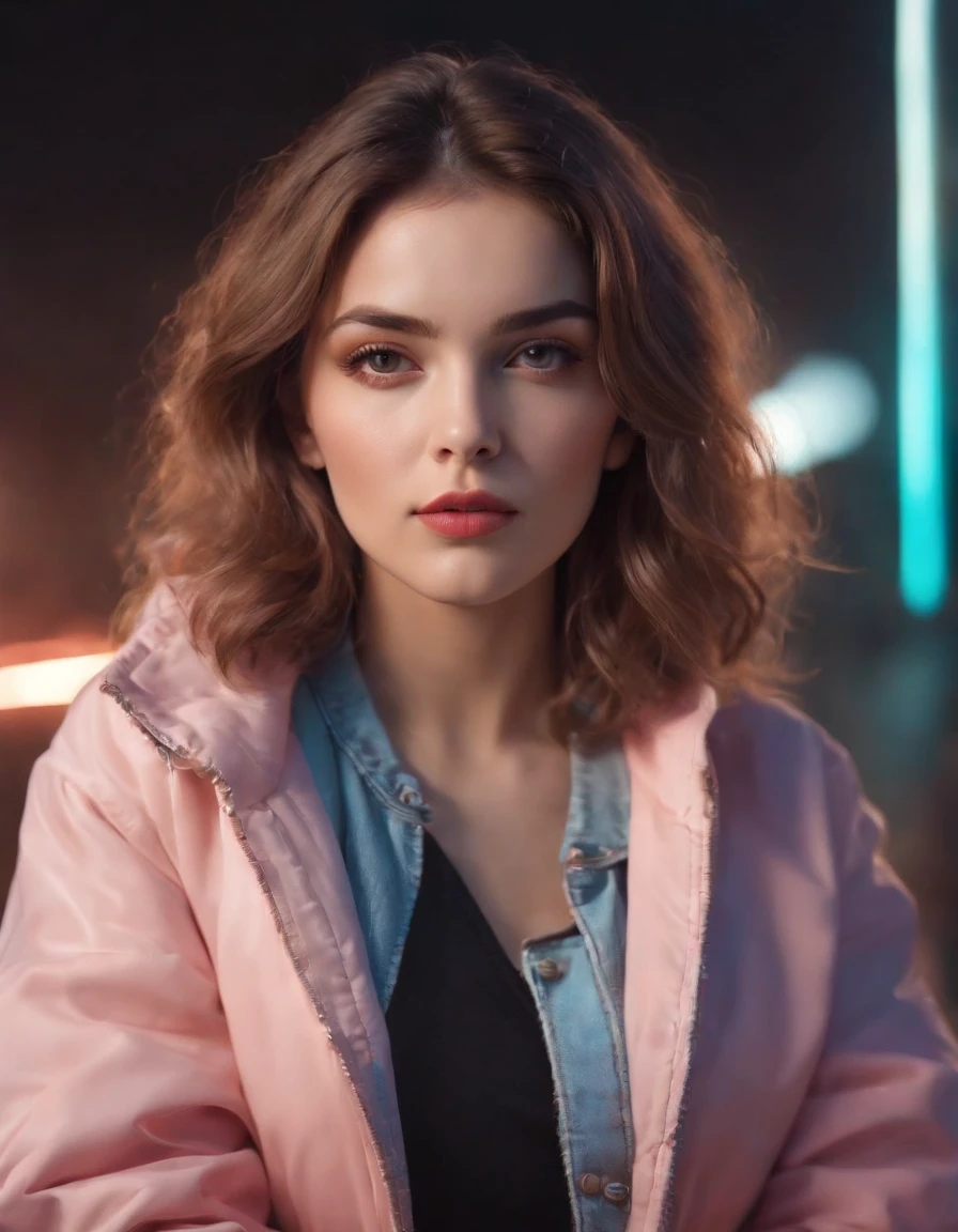 An 80s style female in a jacket, in the style of cartoon abstraction, webcam, crisp neo - pop illustrations, chillwave, youthful, contest winner, dynamic color contrasts
