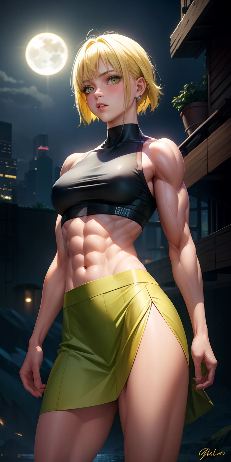 realistic, 1girl, yellow hair, green eyes, glowing eyes, crop top, skirt, parted lips, blush, night, moonlight, abs, muscles, biceps