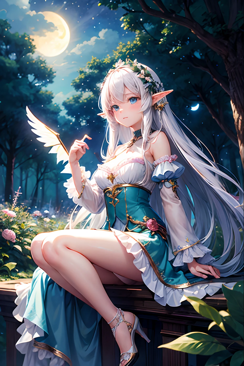 best qualtiy，tmasterpiece，超高分辨率，（真实感：1.4），RAW photogr，1girl，white dresses，Glowing skin，Light smile，facula，shadow of the tree，Elf wings，tiara crown，swing，lake，Beautiful light and shadow，A princess，