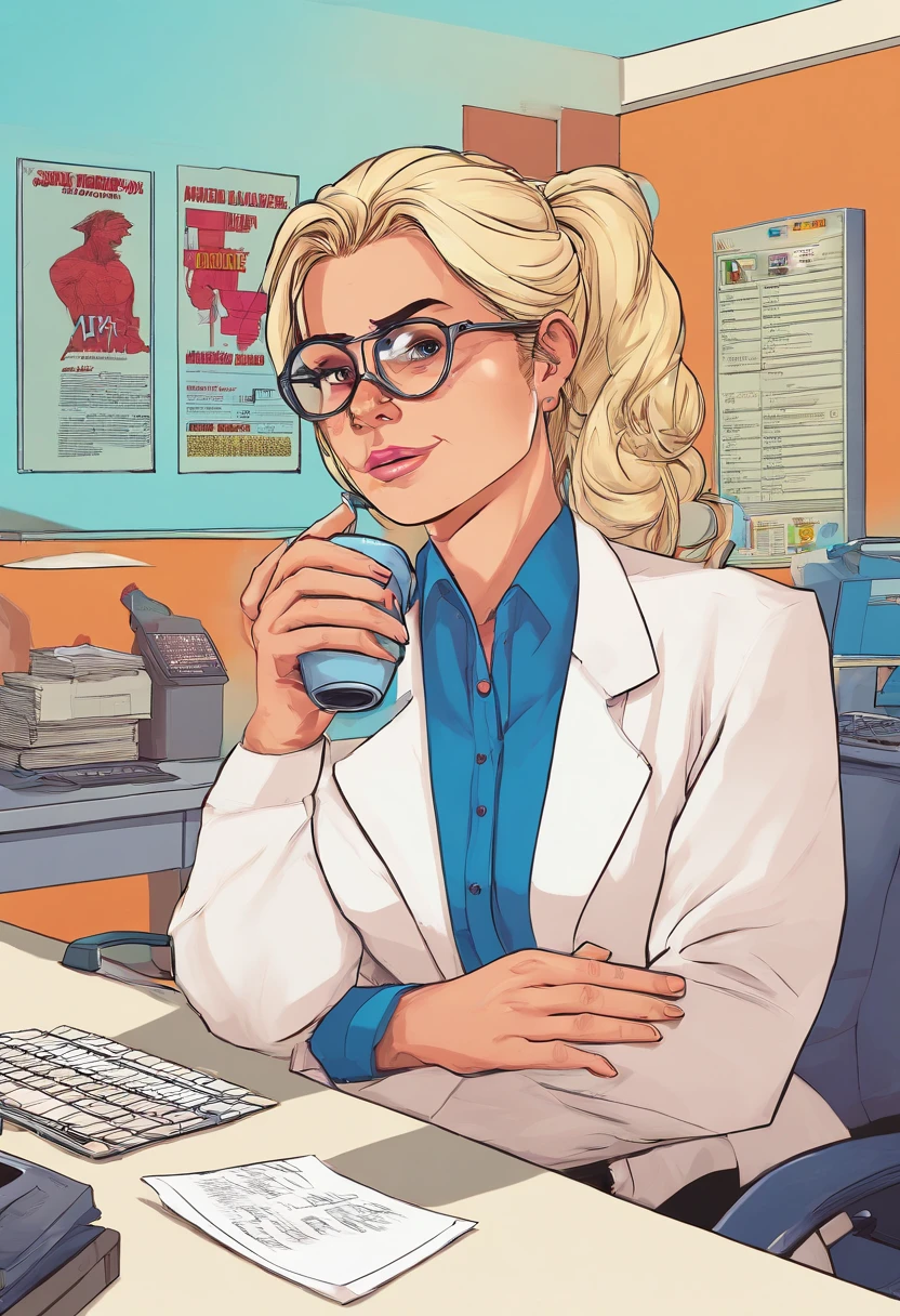 1womanl, , doctor, very light blonde hair, down ponytail hair, square glasses, sly look, frown , white lab coat, blue shirt, blue gloves reading, drinking coffee behind the desk, background hospital