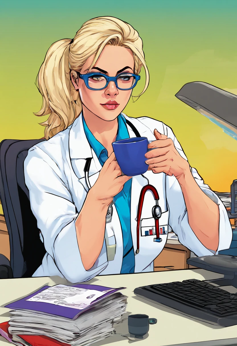 1womanl, , doctor, very light blonde hair, down ponytail hair, square glasses, sly look, frown , white lab coat, blue shirt, blue gloves reading, drinking coffee behind the desk, background hospital