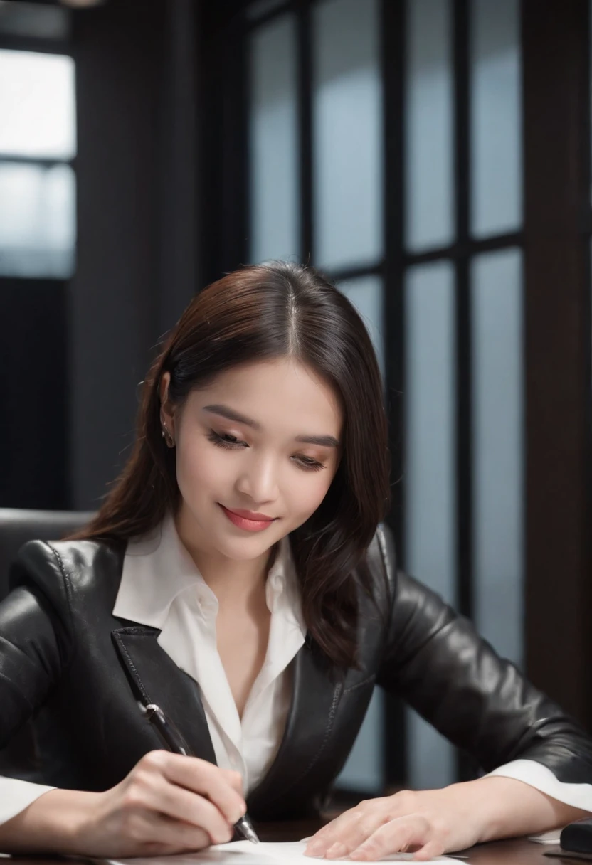 Wearing black leather gloves in both hands, upper body, black business suit, facing the desk in the modern study in the dark, looking down, smiling, writing a letter using a fountain pen, long, straight black hair, young and cute face Japanese female new employee (black leather gloves cover both hands)