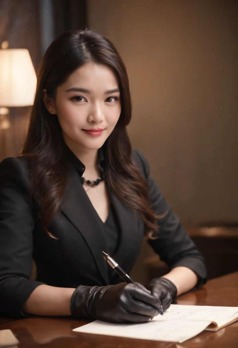 Wearing black leather gloves in both hands, upper body, black business suit, facing the desk in the modern study in the dark, looking down, smiling, writing a letter using a fountain pen, long, straight black hair, young and cute face Japanese female new employee (black leather gloves cover both hands)