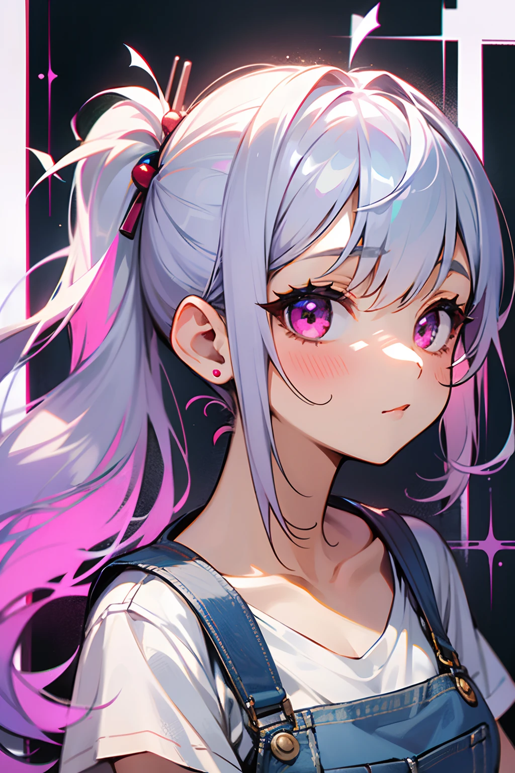 girl with、Silvery hair、Side Ponytail、Pink eyes、white t-shirts、Overall、Cherry hairpin、shortpants