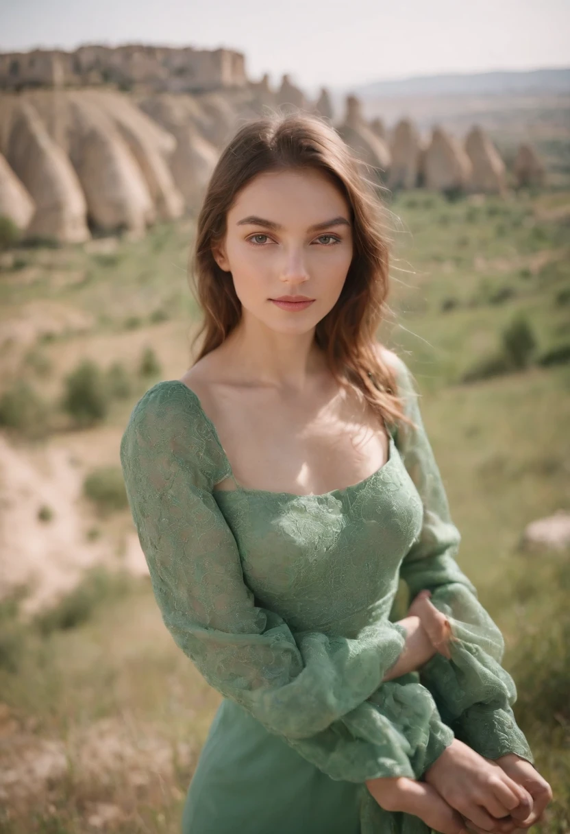 120mm photograph medium format film photography Kodak portra young, Russian Girl, 22yo, green tight outfit, tall woman, beauty. Background Cappadocia, Joyful, Emphasisers, Muted Colours, Hasselblad