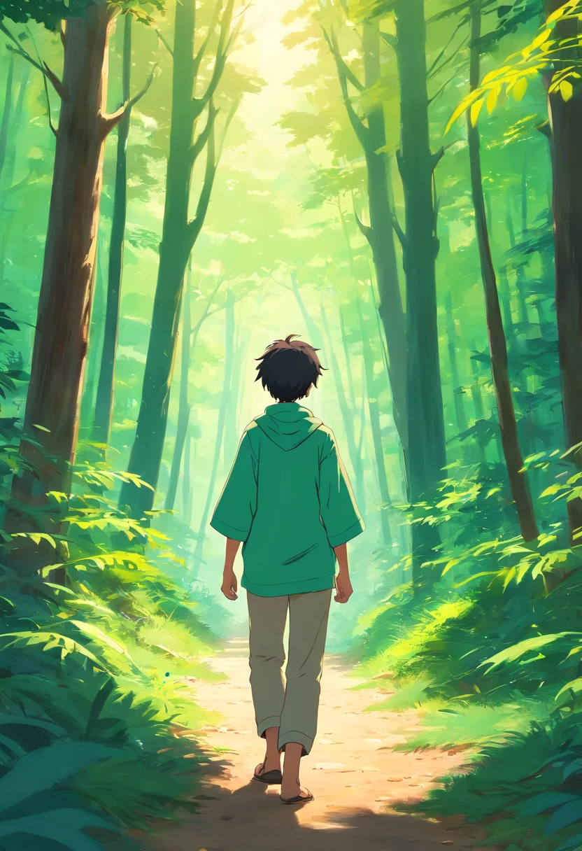 create an Arab character named Samir, walking in the forest of Lebanon,