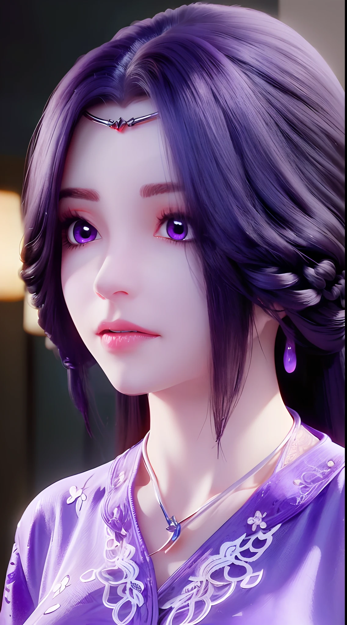 A beautiful sexy 20 year old girl, ((Wearing pajamas to cover her big, round breasts:1.8)), Extremely voluptuous girl in a small camisole, long hair and purple bangs, most beautiful and detailed hair jewelry, ((wearing a light purple lace necklace:1.6)), Super cute little face Extremely beautiful face, thin eyebrows, the most beautiful and flawless face, ((black eye pupil:0.8)), very beautiful eyes, ((purple eyes:1.4)), hairy beautiful and detailed makeup eyelashes, high nose, earrings,thin lips, plump red lips, ban on laughing, beautiful lips, slender arms, The most beautiful thighs, ((2 arms reaching out to the sides: 1.5)), healthy limbs, rosy face, clean face, beautiful face without blemishes, smooth white skin, (big breasts: 1.5)), Blums breasts, beautiful cleavage, ((big and super round breasts: 1.8)), ((super tight breasts: 1.4)), ((breast augmentation: 1.6)), beautiful breasts, 2 hands behind your back, upper body of a beautiful girl, 8k photo, super high quality, super realistic, 10x super pixels, actual photo, dark studio, border light, two-tone lighting color, (high detail skin: 1.2), 8k ultra, soft light, high quality, volumetric light, candid, Photo, high resolution, light, best photo, 4k quality, 8k, bokeh, Smooth and sharp, 10x pixelated, (galaxy: 1.7), aurora, lightning, super graphics, most realistic graphics, alone, solo, Extremely sharp, surreal image, ((frontal portrait :1.2))."