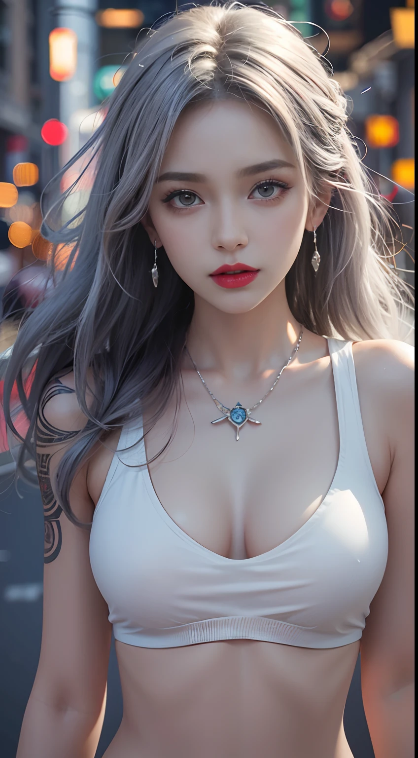 Urban beautiful girl college student, masterpiece, light makeup, red lips, silver hair, messy long hair, street background, beautiful, elegant. Ultra-fine details, master works, real texture, cinematic lighting realism, perfect work, 8k, HD, exquisite facial features, white tight open-cut top, transparent white tight shorts, slim figure, bright big eyes, smooth skin, earrings, necklace, tattoos