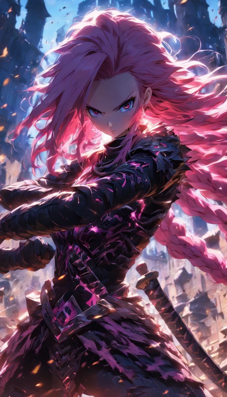 1 Girl Slim Small Long Pink Hair, Black and yellow armor wears a two-handed sword, Fight monsters in a ruin, UHD, masterpiece, anatomically correct, high quality, high details, highres, best quality, 8k