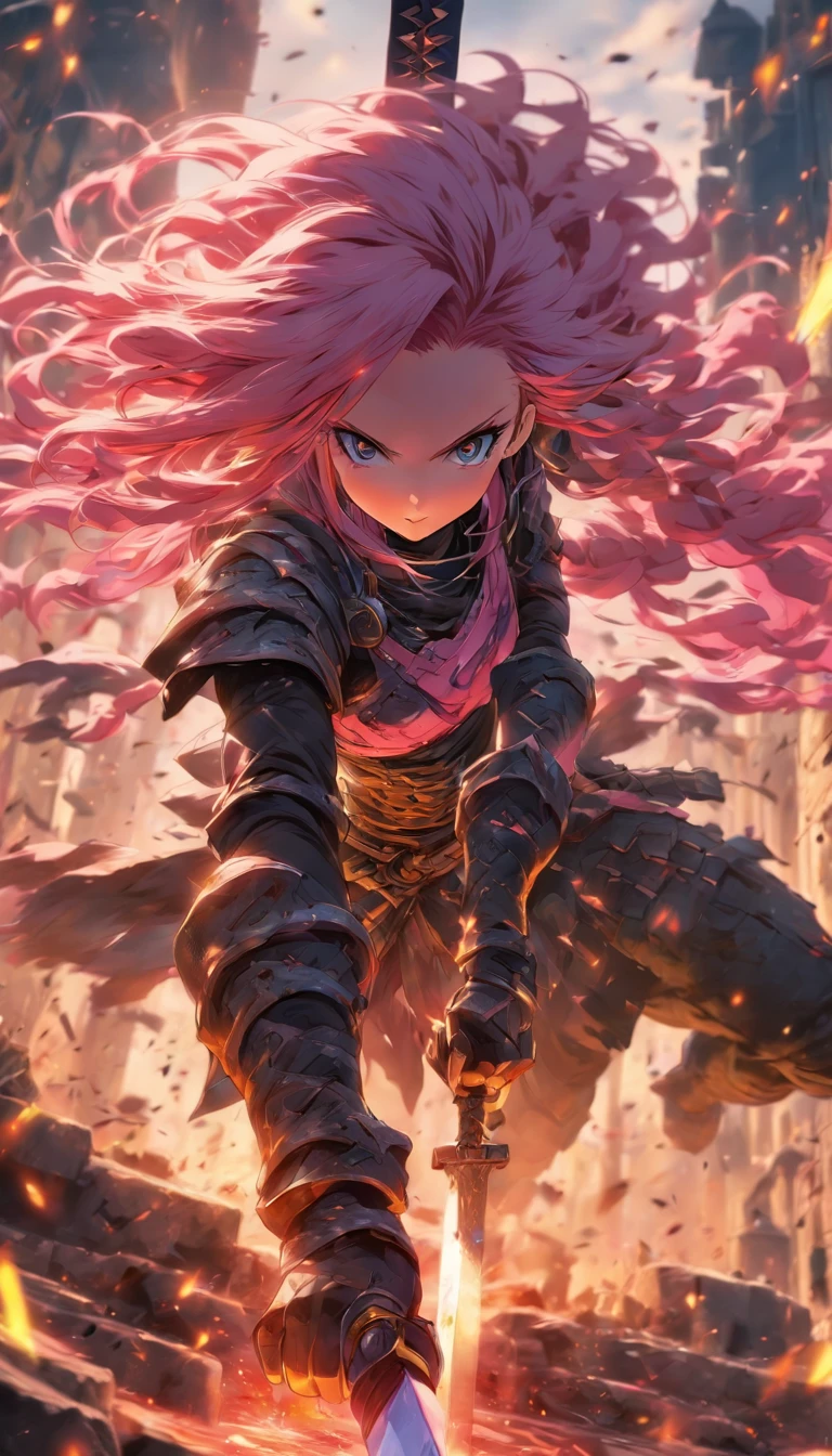 1 Girl Slim Small Long Pink Hair, Black and yellow armor wears a two-handed sword, Fight monsters in a ruin, UHD, masterpiece, anatomically correct, high quality, high details, highres, best quality, 8k