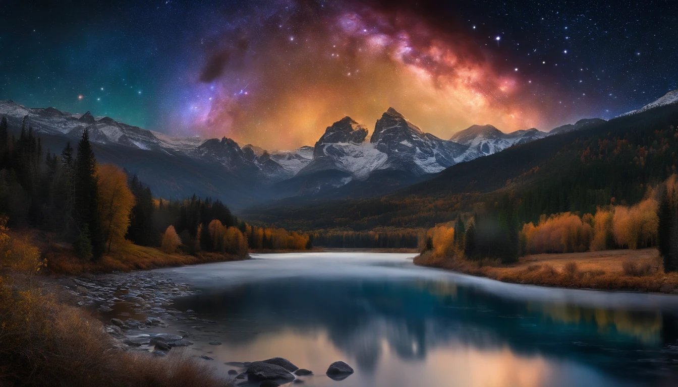 (a black hole:1.2,high-resolution), (ultra-realistic:1.1) sky with (detailed stars), (vibrant nebula), a (mountainous landscape) with (snow-capped peaks), and a (serene river) (meandering) through (lush forests). The (majestic) black hole (dominates) the sky, creating a (spectacular) gravitational lensing effect. The (shining) stars and (colorful) nebula add (depth) and (mystery) to the scene. The mountains stand tall, their (majestic) beauty (enhanced) by the (glistening) snow. The river flows (gracefully), reflecting the surrounding (landscape) with (crystal-clear clarity). The entire composition is bathed in (warm golden tones), enveloping the scene in a (captivating) and (dream-like) atmosphere.