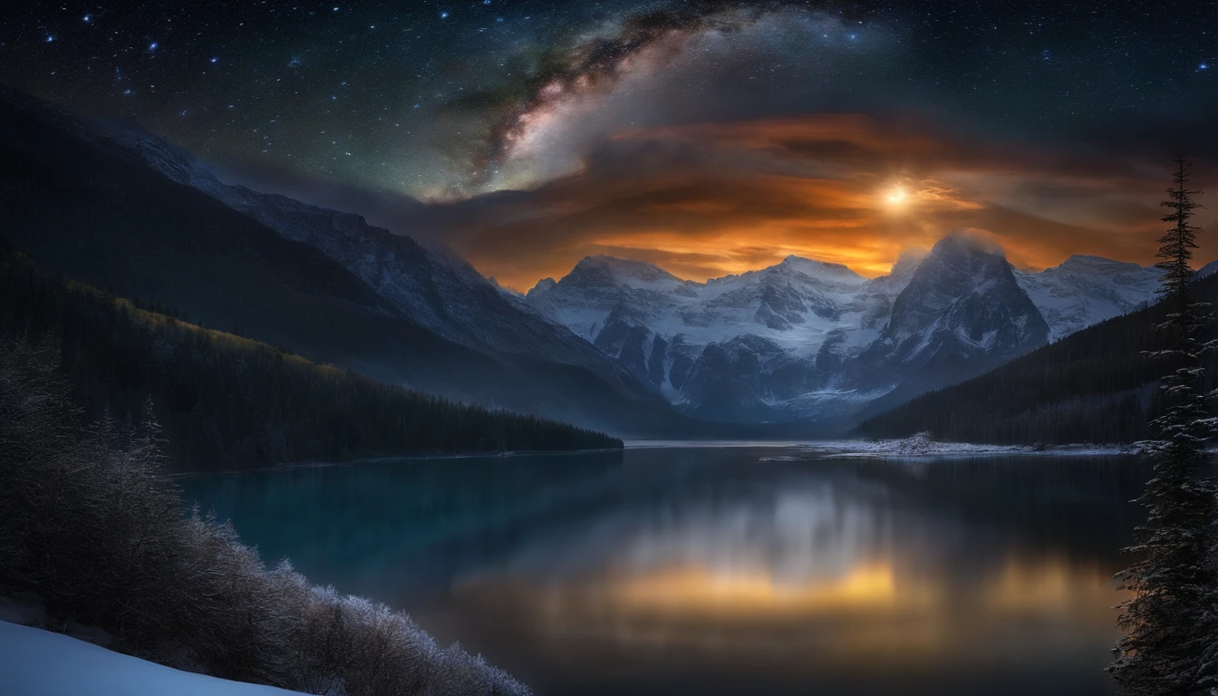 (a black hole:1.2,high-resolution), (ultra-realistic:1.1) sky with (detailed stars), (vibrant nebula), a (mountainous landscape) with (snow-capped peaks), and a (serene river) (meandering) through (lush forests). The (majestic) black hole (dominates) the sky, creating a (spectacular) gravitational lensing effect. The (shining) stars and (colorful) nebula add (depth) and (mystery) to the scene. The mountains stand tall, their (majestic) beauty (enhanced) by the (glistening) snow. The river flows (gracefully), reflecting the surrounding (landscape) with (crystal-clear clarity). The entire composition is bathed in (warm golden tones), enveloping the scene in a (captivating) and (dream-like) atmosphere.
