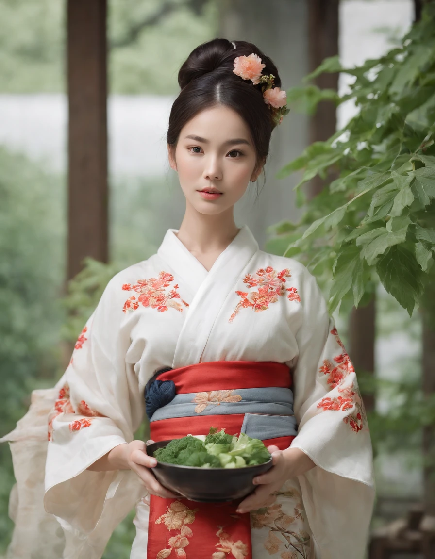 the woman is wearing an embroidered kimono and carries a bowl of vegetables with leaves, in the style of 2d game art, masculine, northern and southern dynasties, associated press photo, comic art, fashion-illustration, oshare kei