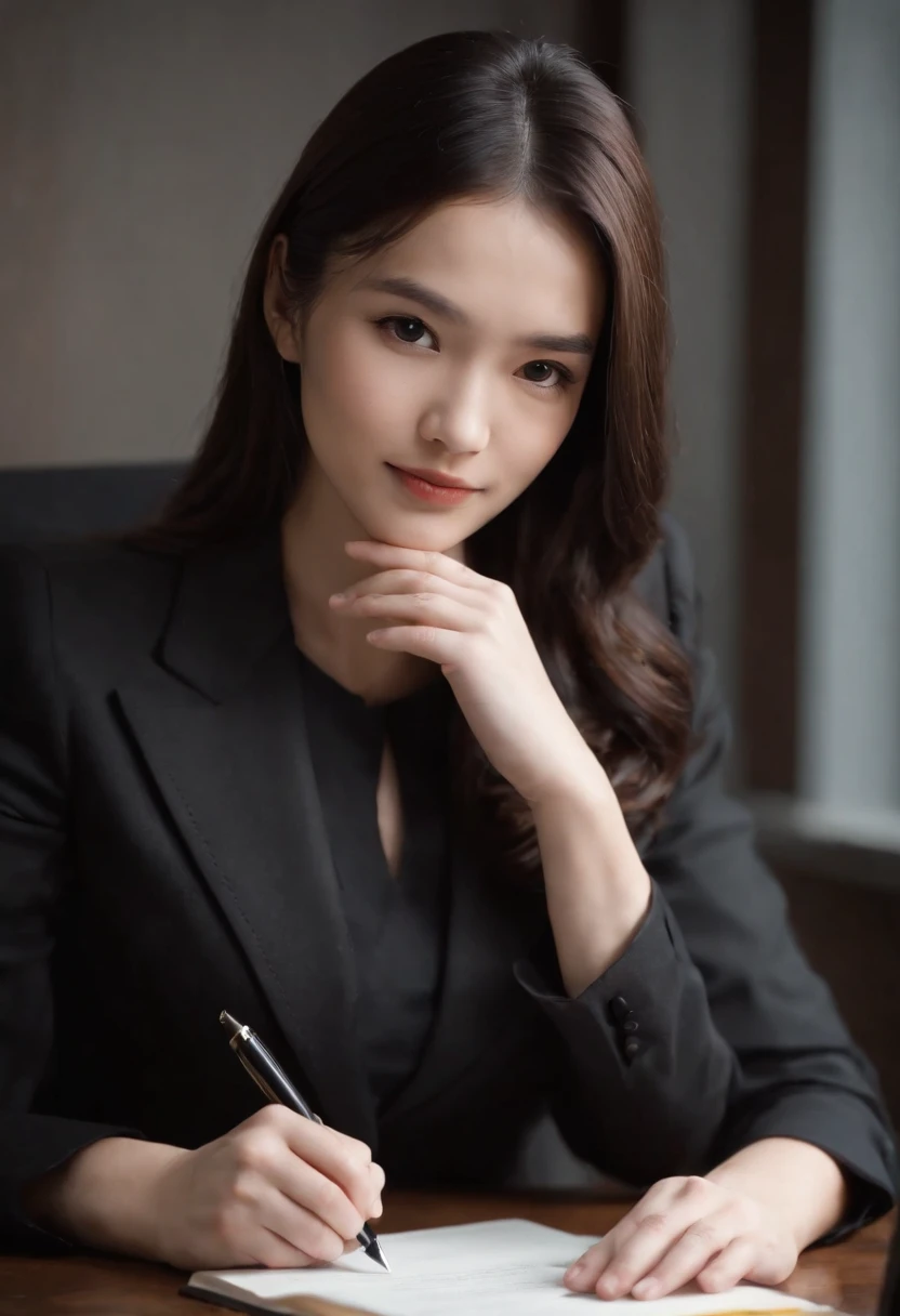 Wearing black leather gloves in both hands, upper body, black business suit, facing the desk in the modern study in the dark, looking down, smiling, writing a letter using a fountain pen, long, straight black hair, young and cute face Japanese female new employee (black leather gloves cover both hands)