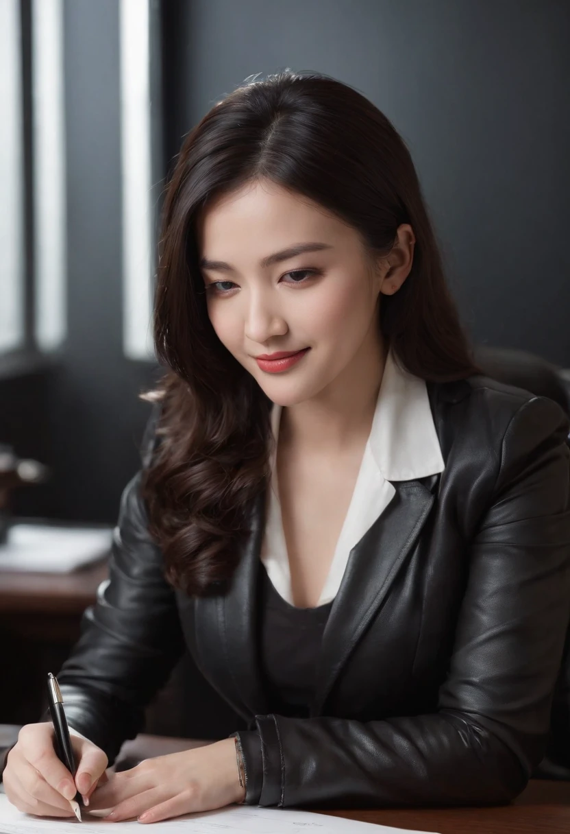 Wearing black leather gloves in both hands, upper body, black business suit, facing the desk in the modern study in the dark, looking down, smiling, writing a letter using a fountain pen, long, straight black hair, young and cute face Japanese female new employee (black leather gloves cover both hands)