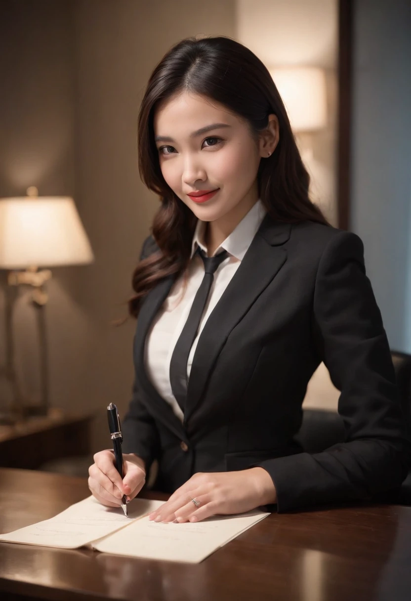 Wearing black leather gloves in both hands, upper body, black business suit, facing the desk in the modern study in the dark, looking down, smiling, writing a letter using a fountain pen, long, straight black hair, young and cute face Japanese female new employee (black leather gloves cover both hands)