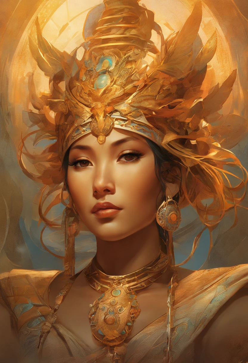 Create a stunning ultra-realistic portrait of a "(((Ancient Myanmar God)))" fantasy character in the art nouveau style. Pay meticulous attention to intricate details and draw inspiration from the fifth element artifacts. Incorporate references from artists such as Peter Mohrbacher, Hajime Sorayama, Wayne Barlowe, Boris Vallejo, Aaron Horkey, Gaston Bussiere, Craig Mullins, and Alphonse Mucha to bring depth and character to the artwork. Enhance the composition with arty nouveau curves and spirals for an added touch of elegance and complexity.