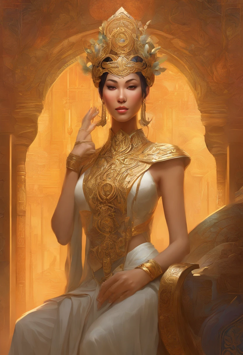 Create a stunning ultra-realistic portrait of a "(((Ancient Myanmar God)))" fantasy character in the art nouveau style. Pay meticulous attention to intricate details and draw inspiration from the fifth element artifacts. Incorporate references from artists such as Peter Mohrbacher, Hajime Sorayama, Wayne Barlowe, Boris Vallejo, Aaron Horkey, Gaston Bussiere, Craig Mullins, and Alphonse Mucha to bring depth and character to the artwork. Enhance the composition with arty nouveau curves and spirals for an added touch of elegance and complexity.