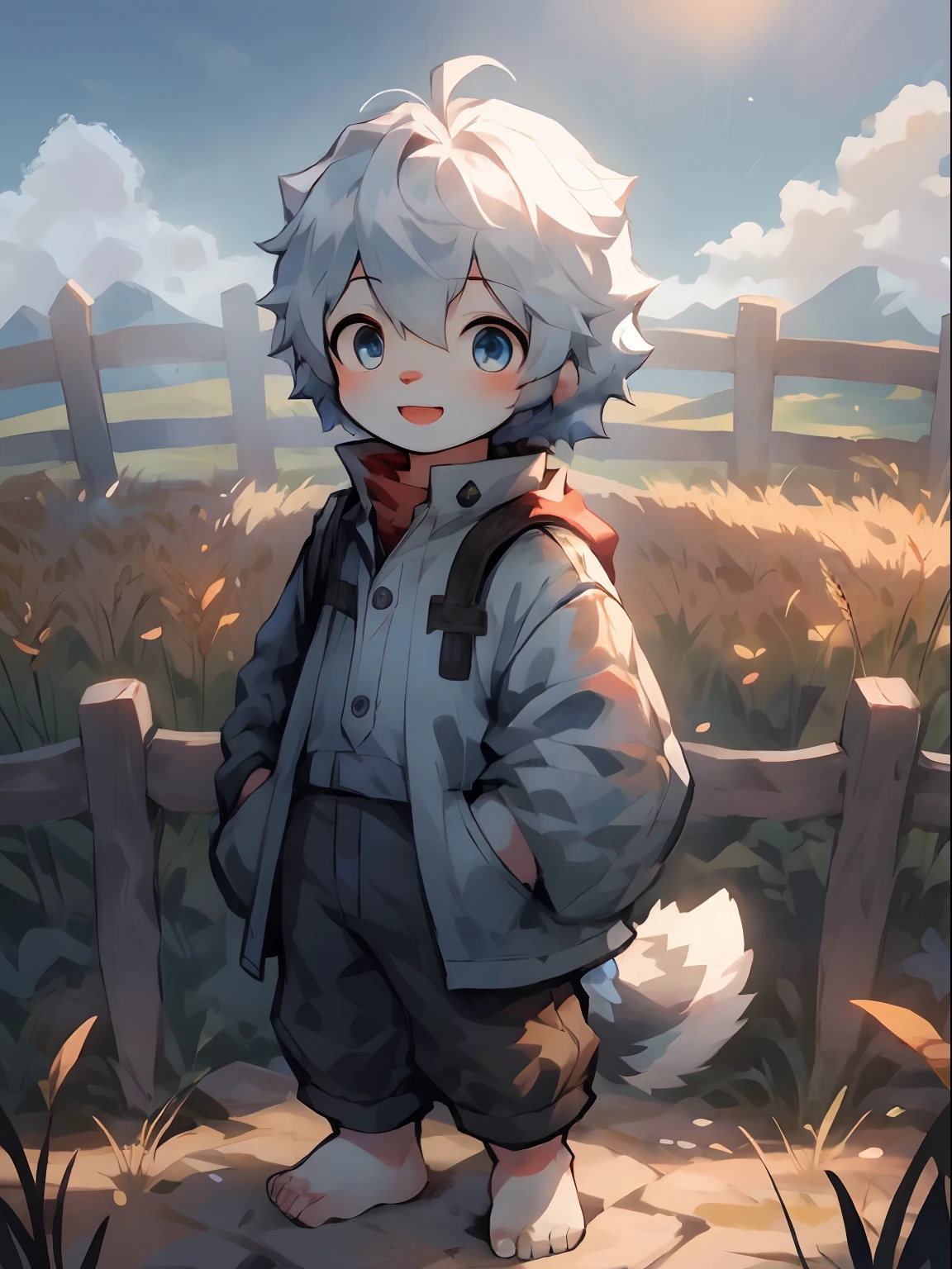masterpiece, best quality, Perfect anatomical structure, Bright Eyes, water汪汪的大眼睛, author:Milk Tiger 1145, author:K0bit0wani, hairy, prairie wolf, (Phyllis:0.25), male, Solitary, Loose and floppy diaper, (Laugh heartily:1.1), Moderate, View Viewer, Train station, rain, (water:0.9), Gray sky, rained, (Thick fog:0.4),Pino Deheny, Carney announced, milkytiger1145, Dagasi, Yes,