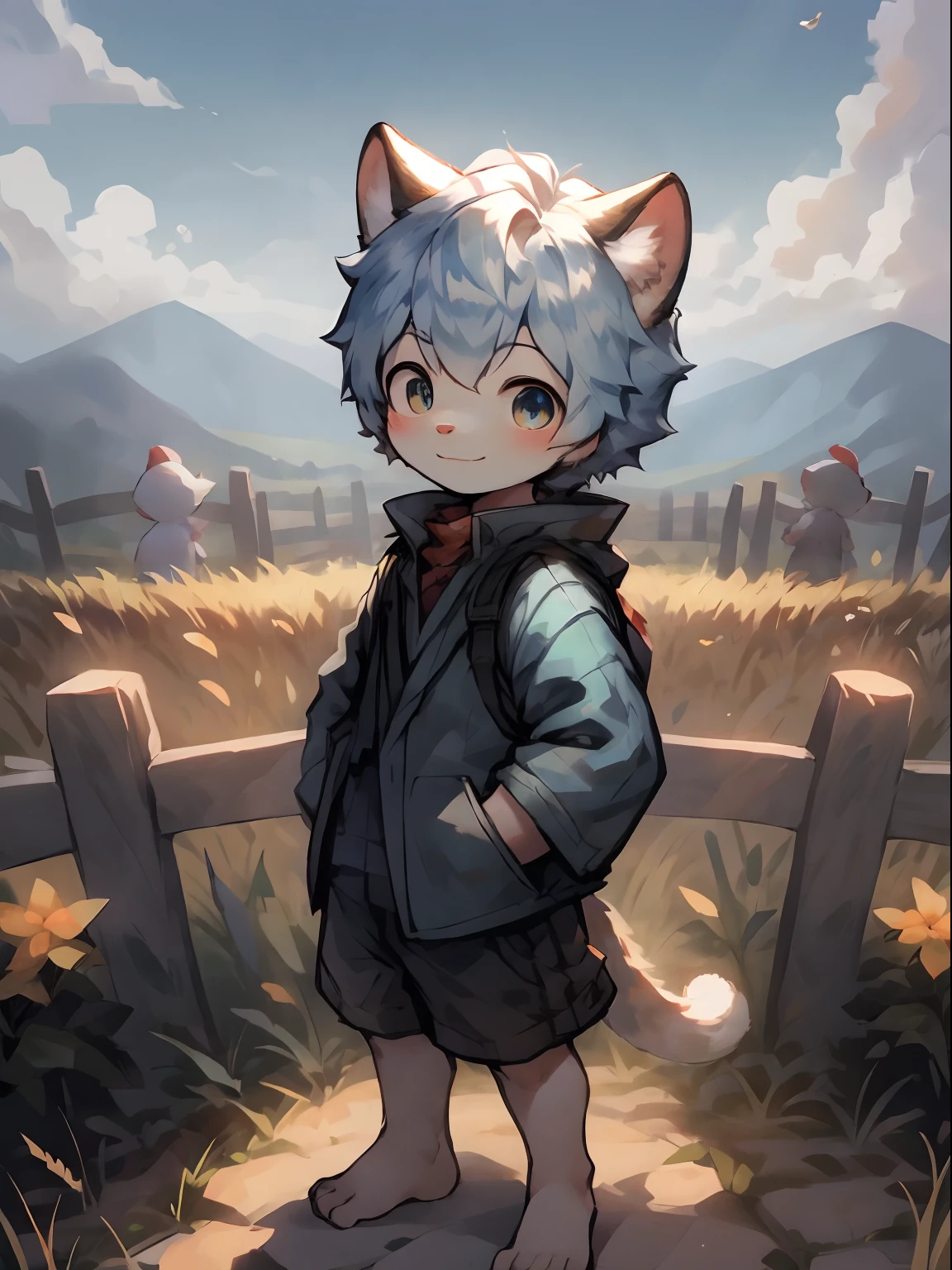 Shota，White color hair ，male people，Q version，（ddlers，ba adolable， standing on your feet， Master masterpieces， A high resolution，8K，detailedbackground，high high quality，Libido boy，（（（独奏））），(zaun，A littleeaned against the fence，Behind the fence are wheat fields)，looking at viewert，angle of view，From above，Dreamlike，magical，baiyun，（Warm light source：1.2），upper sky，White bird，rays of sunshine