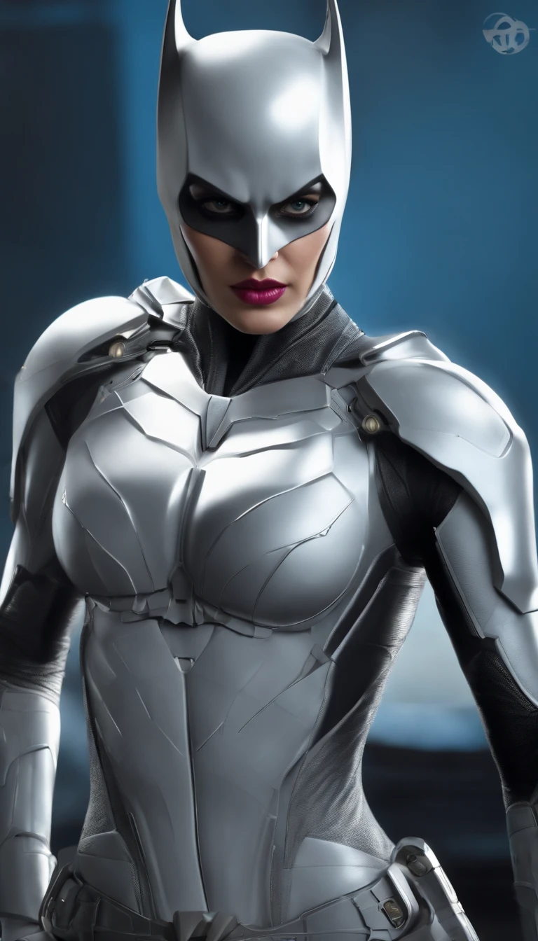 Realistic white and light blue female Batman in titanium cybernetic suit, detailliert, perfect design, Perfect and symmetrical edges of high quality ::n_Style drawing, Low quality defects,fine portrayal、8K、The face resembles Natalie Portman、Natalie portman, photos realistic
