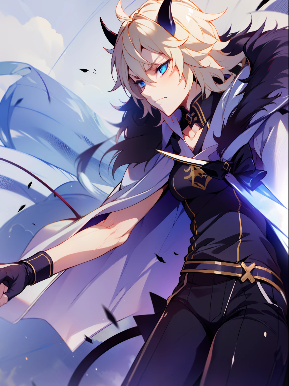 (Masterpiece), Best Quality, expressive eyes, a perfect face, 1boy, 独奏, Demon, Horns, horns demon, horns on head, Triangular horns, pointed ears, cat tail, blue eyes, serious face, Emotionless face, trench coat, White trench coat, black trench coat on top, black tank top, sleeveless T-shirt, Cut out the breasts, Small tattoo on the right arm, Black pants, Black Boots, partially fingerless gloves, holding sword, Blue Sword,The sky in the background, Clouds, Mikaela Hyakuya