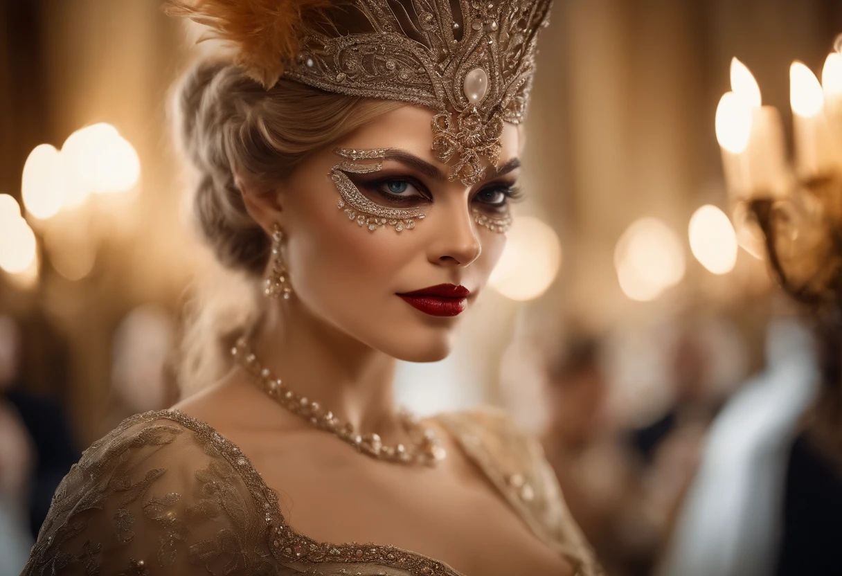 This image should be detailed, mysterious and realistic., With high-quality artwork. Make yourself proud, Marie Antoinette, Beautiful women from the 18th century wear beautiful and intricately detailed silk dresses adorned with lace and jewels.. She was among the elegant masked balls at Versailles and surrounded by music., Royal décor, and expensive specs.. ((This girl has a beautiful and luxurious masquerade mask inspired by fantasy legends..)) Her face is intricately detailed and realistic with swollen lips and a big mouth.. important: Her eyes are important and beautiful., With lots of realistic details, Realistic shading, and many colors and shades.. This scene is a beautiful masquerade ball., By the nobility, Social People, And mysterious guests from distant lands gather for an unforgettable night.. From Venetian masks to exquisite feather creations., The disguise of each guest reflects a unique personality and unspoken desires.. Immerse yourself in the charm of this 19th-century masquerade ball, Where the elegance of a bygone era and the mystery of the mask combine to create a charming experience that will remain in your heart forever.. Use dynamic elements to grab your audience's attention.. (((masterpiece))), intricate, Elegant, high-detail, majestic, Digital Photography, Art by Artgerm and Ruan Jia and Greg Rutkowski, (masterpiece, finely detailed beautiful eyes: 1.2), HDR, realistic skin texture, (((1woman))), (((bara)))