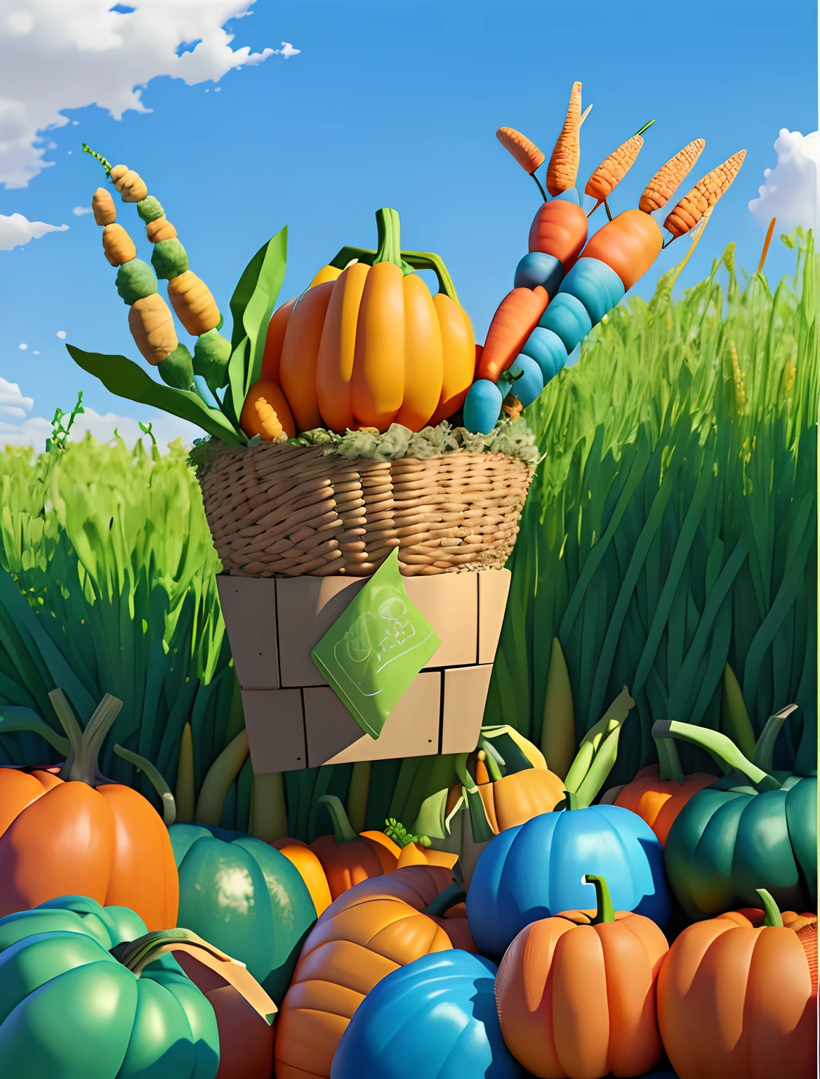 A big basket, yellow corns, yellow carrots, orange pumpkins, yellow grains, blue sky, green grasses, outdoor,