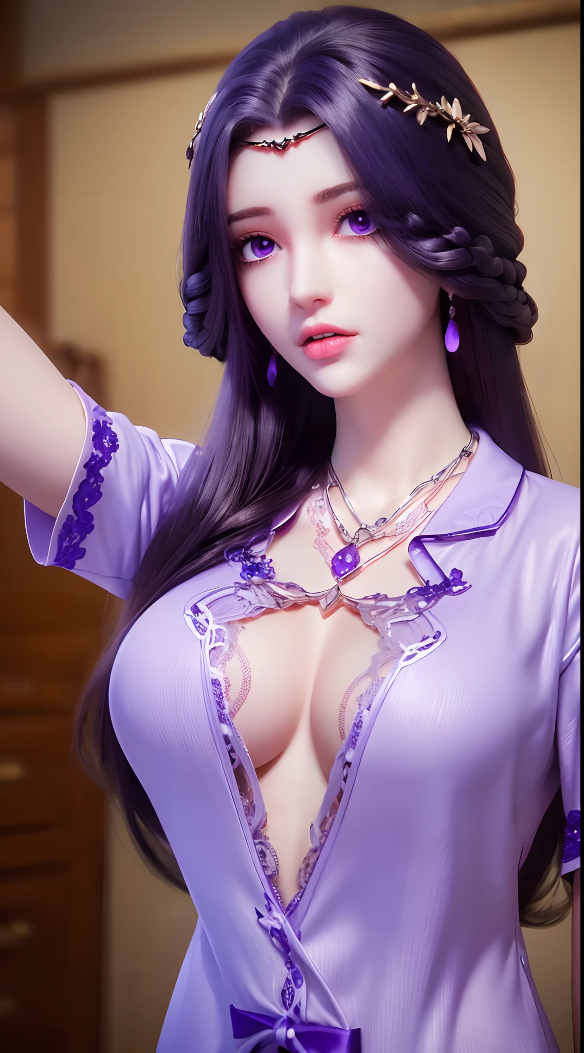 A beautiful sexy 20 year old girl, ((Wearing pajamas to cover her big, round breasts:1.8)), Extremely voluptuous girl in a small camisole, long hair and purple bangs, most beautiful and detailed hair jewelry, ((wearing a light purple lace necklace:1.6)), Super cute little face Extremely beautiful face, thin eyebrows, the most beautiful and flawless face, ((black eye pupil:0.8)), very beautiful eyes, ((purple eyes:1.4)), hairy beautiful and detailed makeup eyelashes, high nose, earrings,thin lips, plump red lips, ban on laughing, beautiful lips, slender arms, The most beautiful thighs, ((2 arms reaching out to the sides: 1.5)), healthy limbs, rosy face, clean face, beautiful face without blemishes, smooth white skin, (big breasts: 1.5)), Blums breasts, beautiful cleavage, ((big and super round breasts: 1.8)), ((super tight breasts: 1.4)), ((breast augmentation: 1.6)), beautiful breasts, 2 hands behind your back, upper body of a beautiful girl, 8k photo, super high quality, super realistic, 10x super pixels, actual photo, dark studio, border light, two-tone lighting color, (high detail skin: 1.2), 8k ultra, soft light, high quality, volumetric light, candid, Photo, high resolution, light, best photo, 4k quality, 8k, bokeh, Smooth and sharp, 10x pixelated, (galaxy: 1.7), aurora, lightning, super graphics, most realistic graphics, alone, solo, Extremely sharp, surreal image, ((frontal portrait :1.2))."