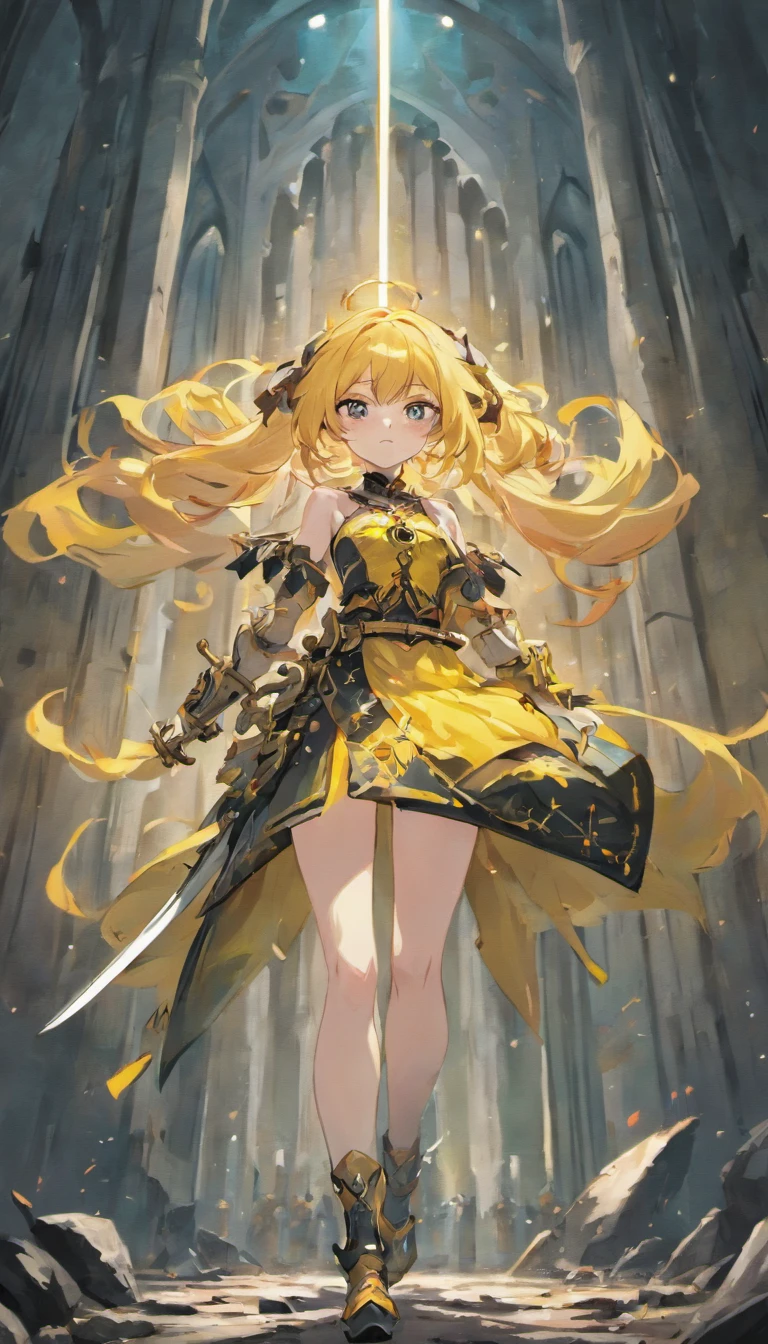 1 Girl Slim Small Long Pink Hair, Black and yellow armor wears a two-handed sword, Fight monsters in a ruin, UHD, masterpiece, anatomically correct, high quality, high details, highres, best quality, 8k