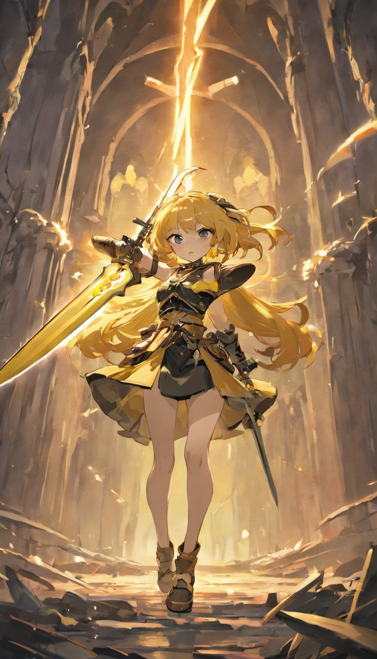 1 Girl Slim Small Long Pink Hair, Black and yellow armor wears a two-handed sword, Fight monsters in a ruin, UHD, masterpiece, anatomically correct, high quality, high details, highres, best quality, 8k