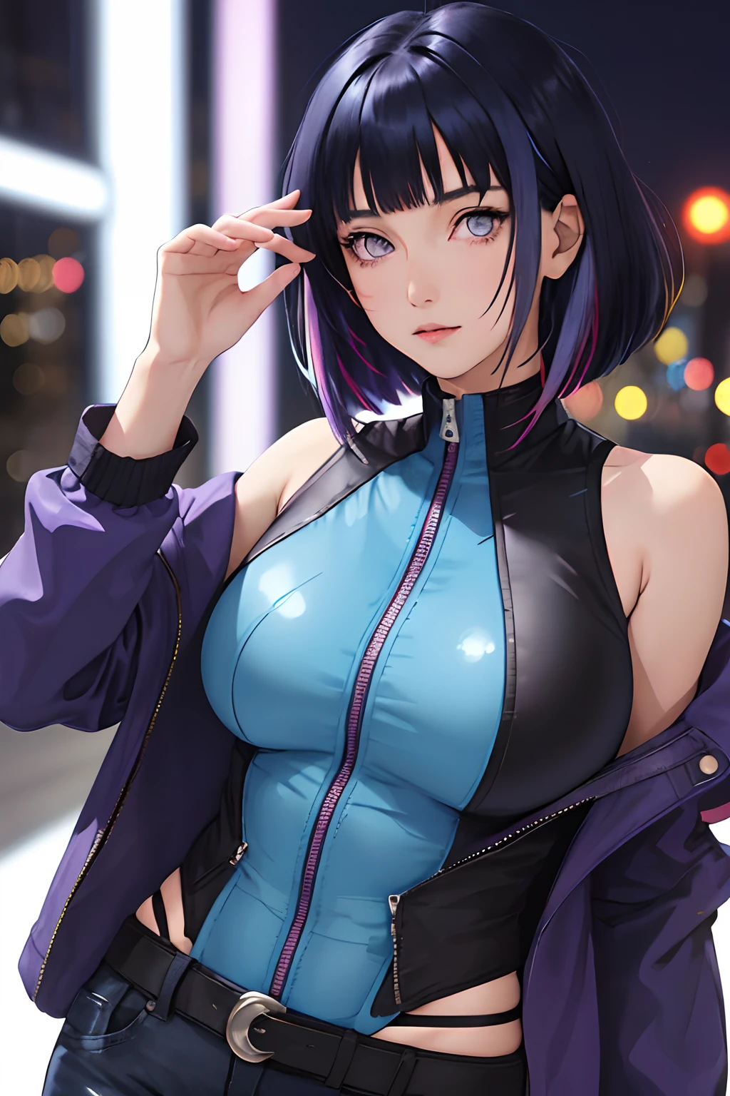 portrait, 1 girl, beautiful face, asymmetrical hair, multi-colored hair, belt, bodysuit, covered mouth, covered navel, detached sleeves, purple eyes, hip vent, open jacket, cute, look at viewer, night city, neon, rainy, Blunt Bangs,dark blue hair